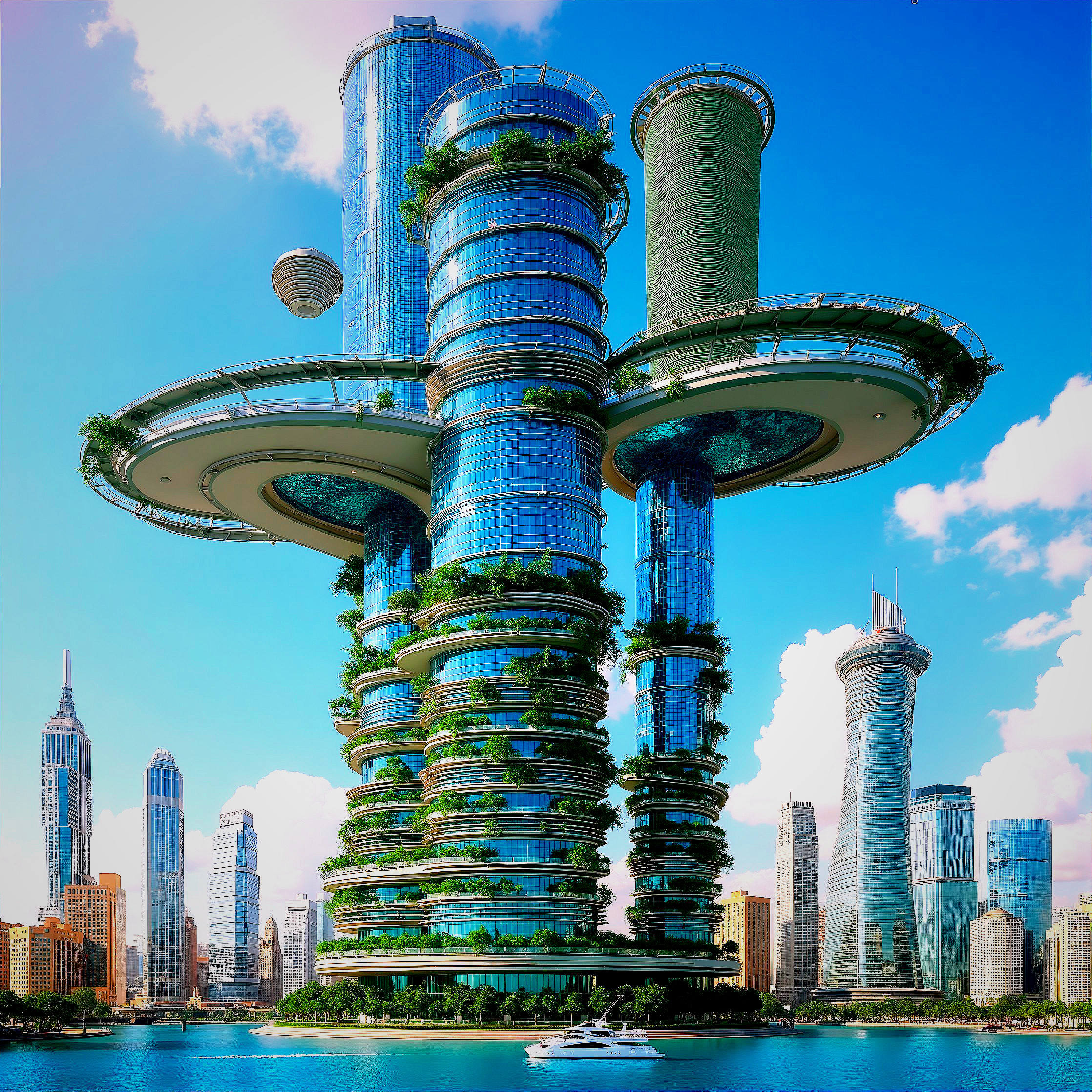 Futuristic cityscape with skyscrapers and water features