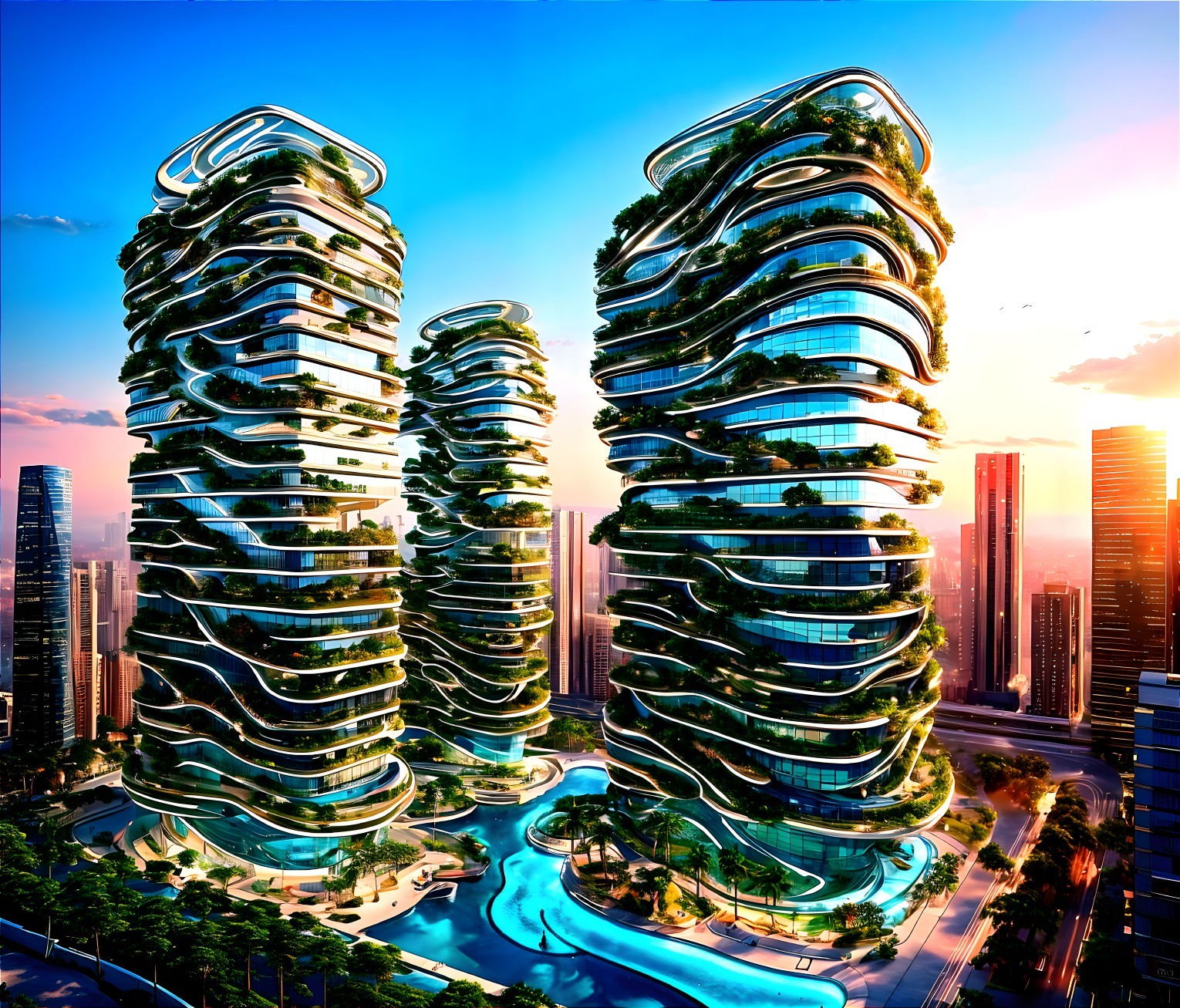 Futuristic cityscape with green-domed skyscrapers at sunset