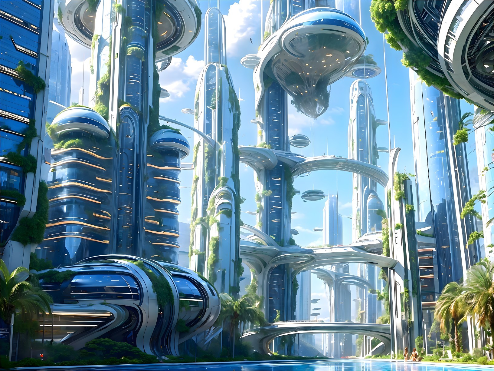 Futuristic cityscape with skyscrapers and greenery