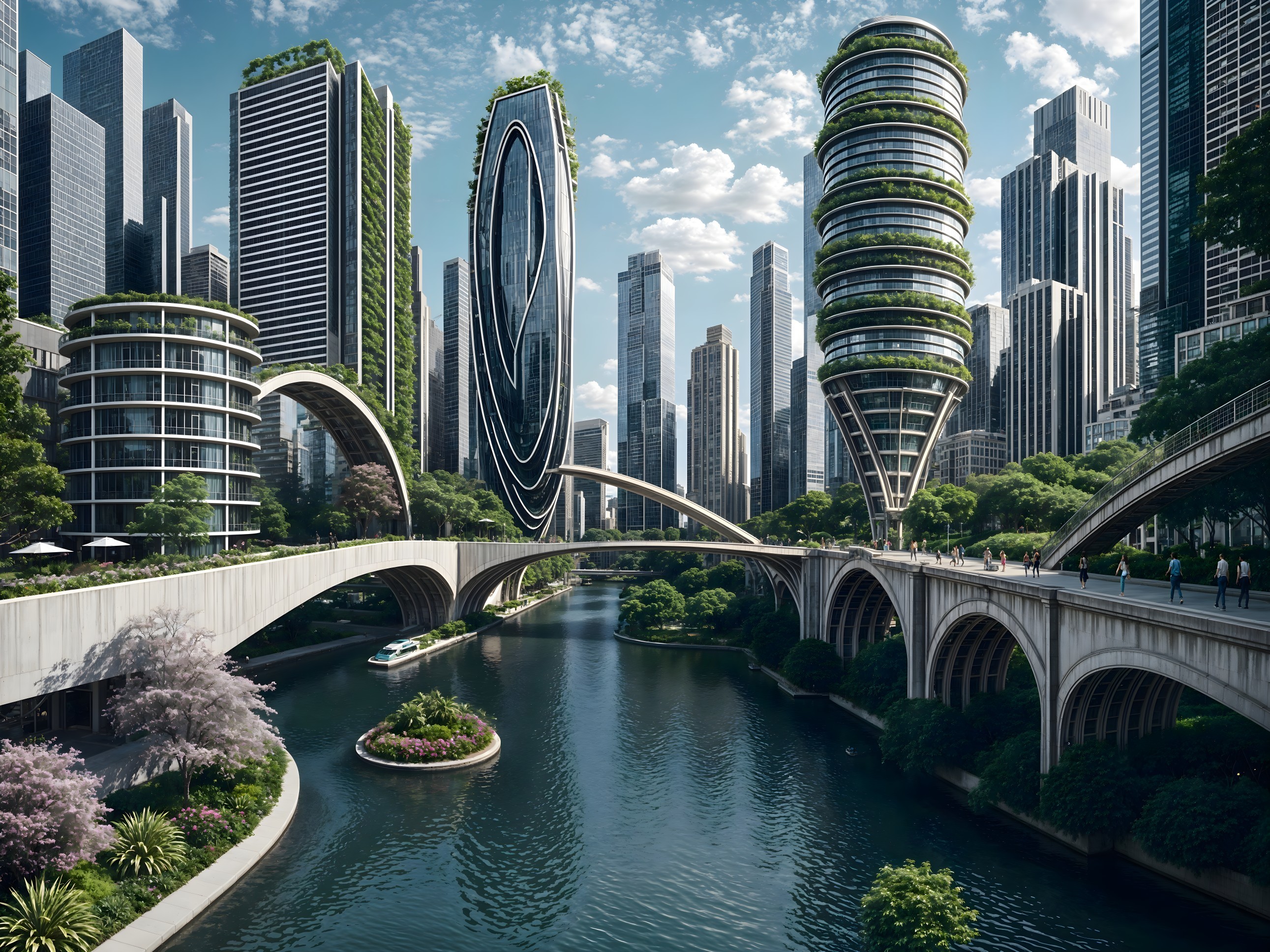 Futuristic Cityscape with Skyscrapers and Greenery