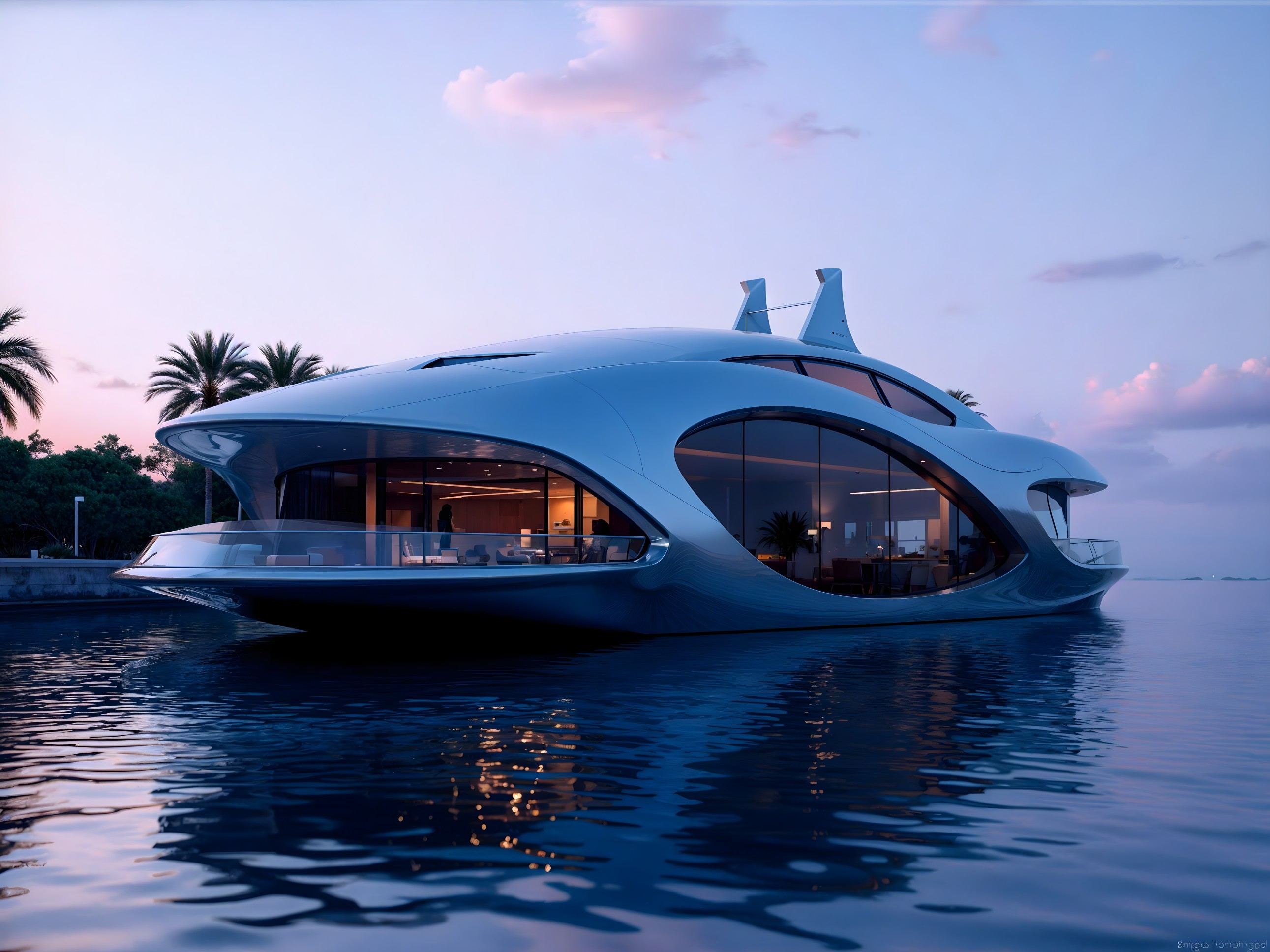 Futuristic Yacht Design in Serene Sunset Setting