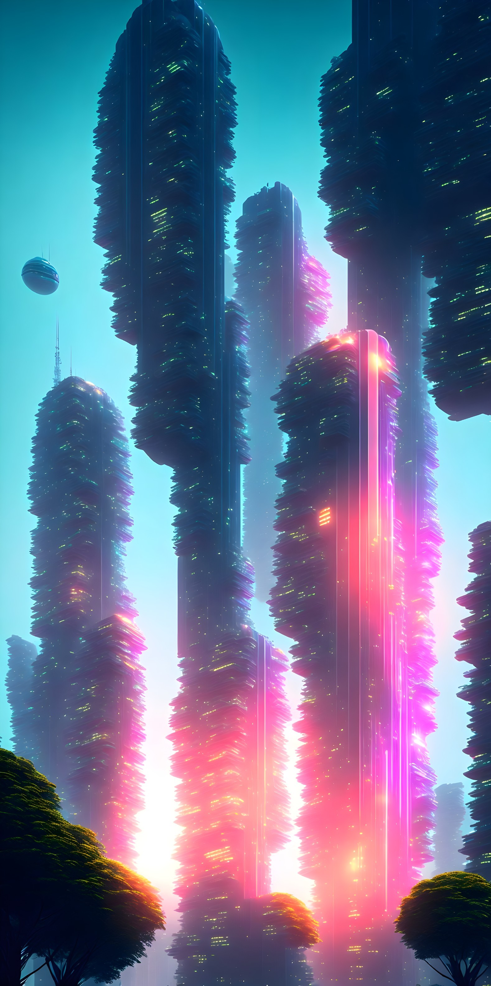 Futuristic cityscape with neon skyscrapers and greenery