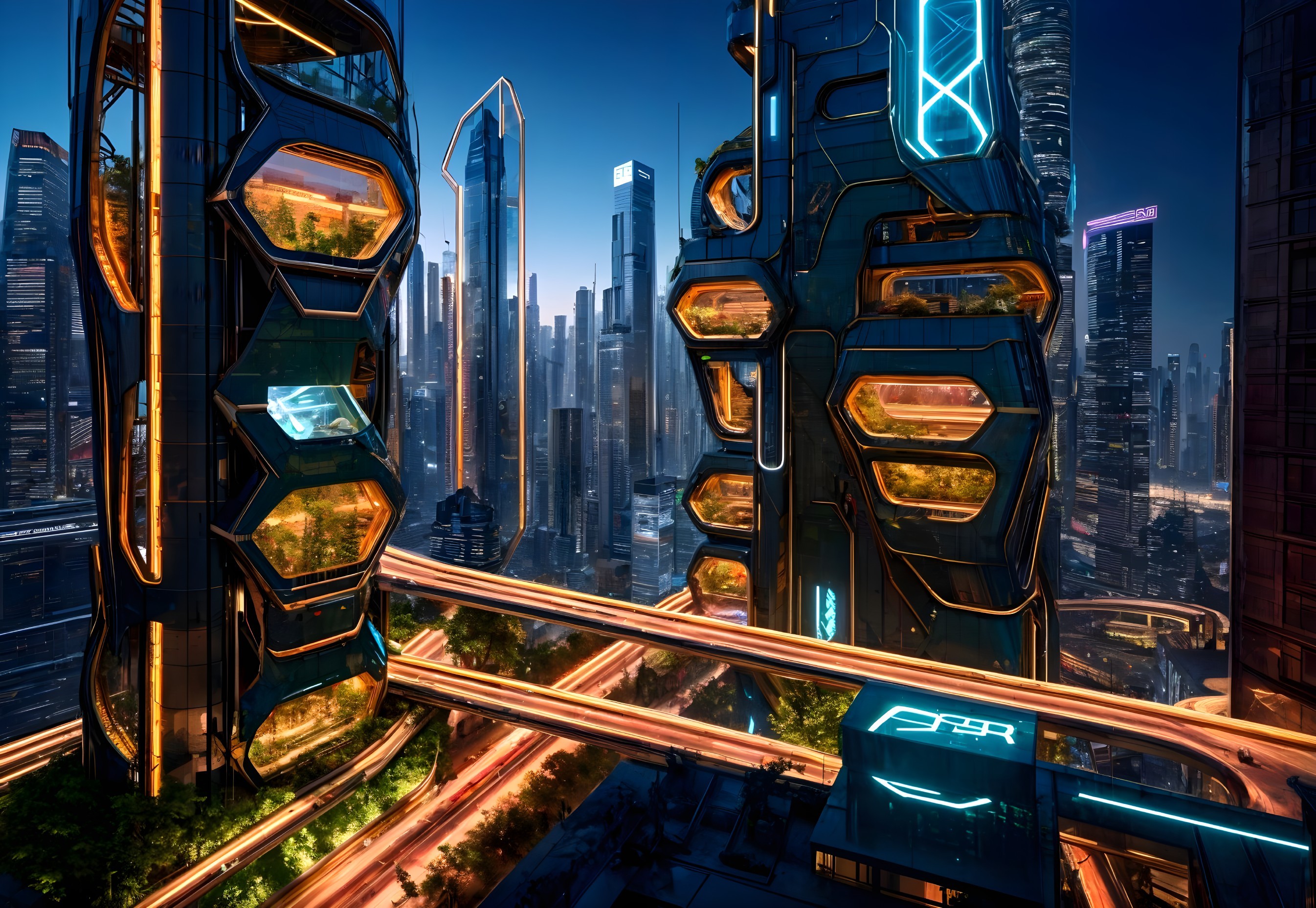 Futuristic cityscape with hexagonal skyscrapers and greenery