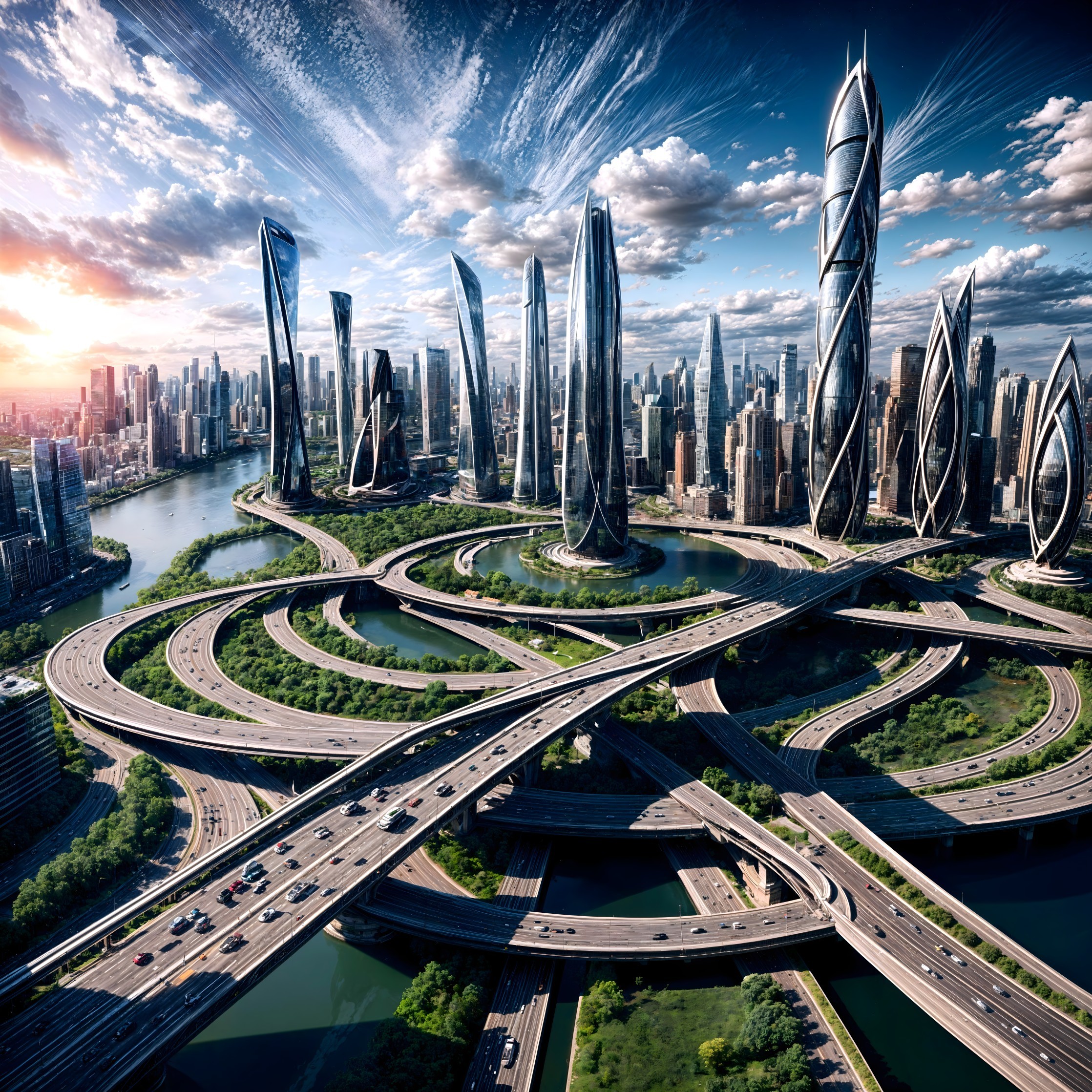 Futuristic cityscape with twisting skyscrapers and greenery