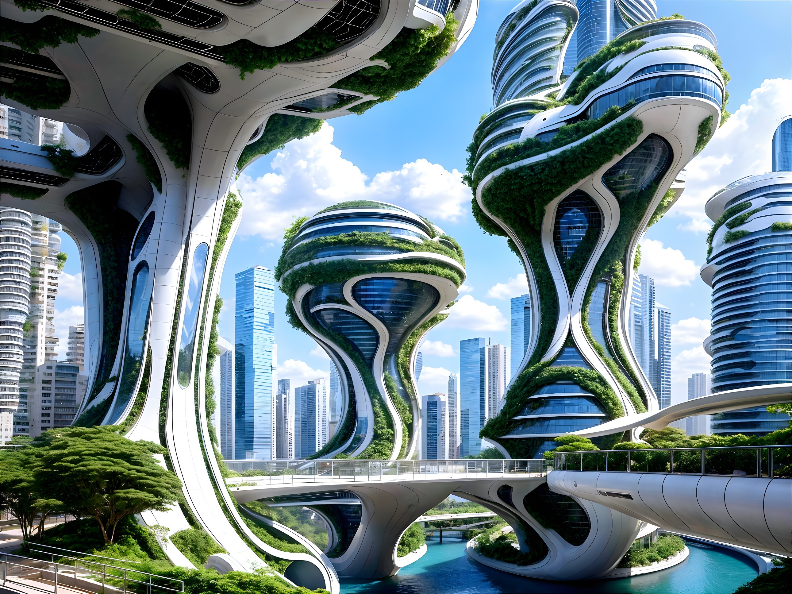 Futuristic Cityscape with Unique Skyscrapers and Greenery