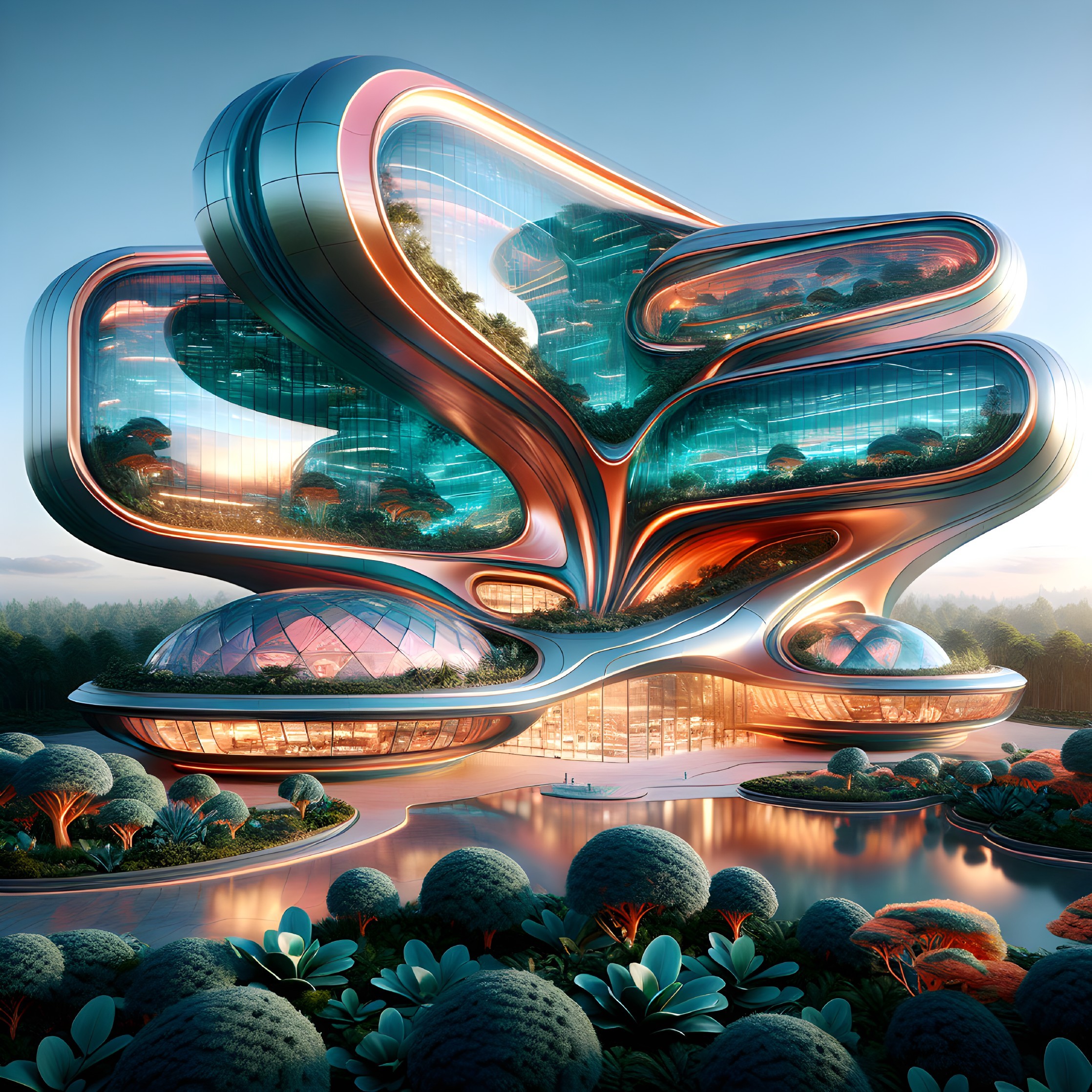 Futuristic Building with Organic Shapes and Greenery