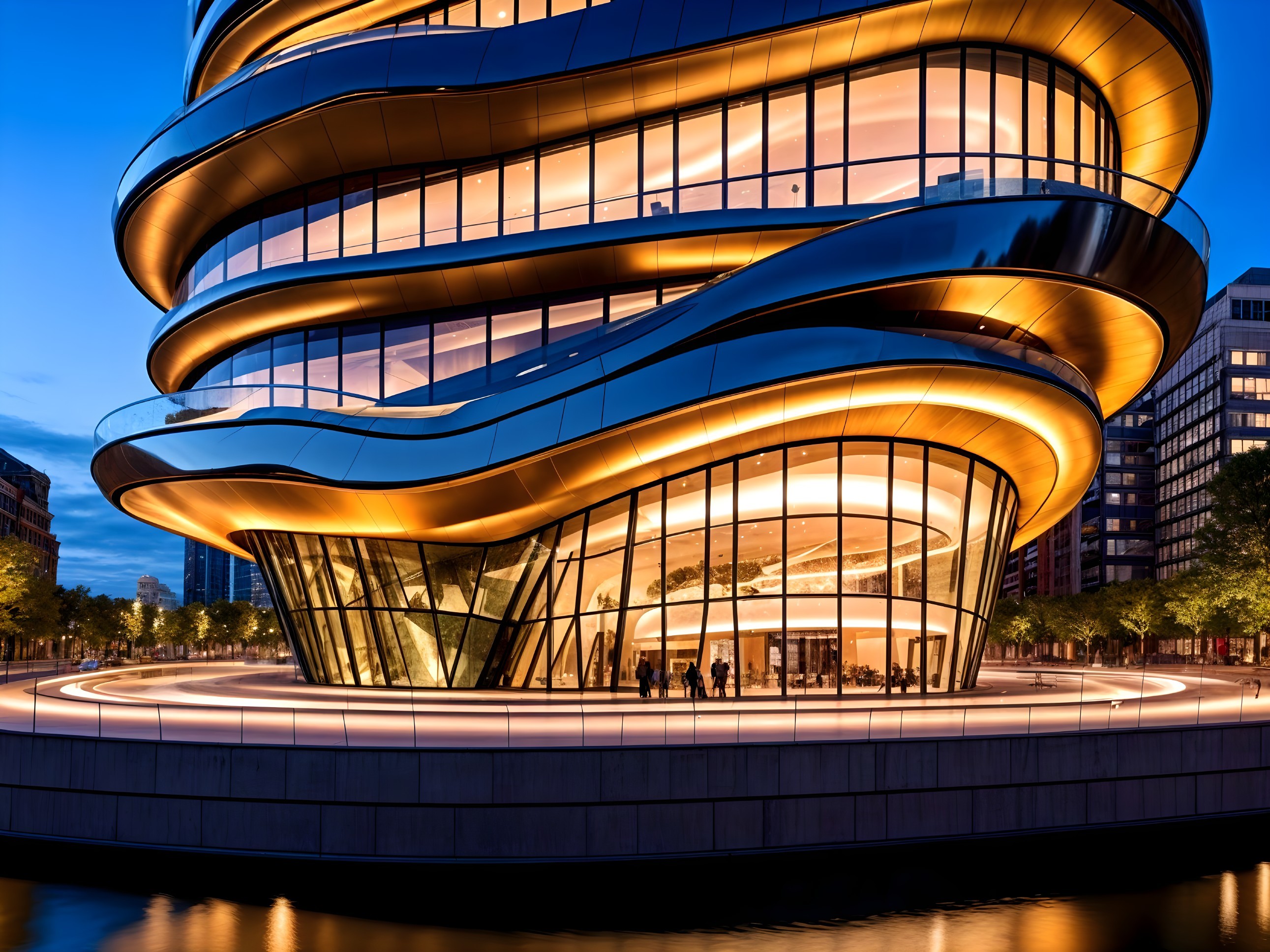Modern Building with Wave-Like Structure and Glass Facade