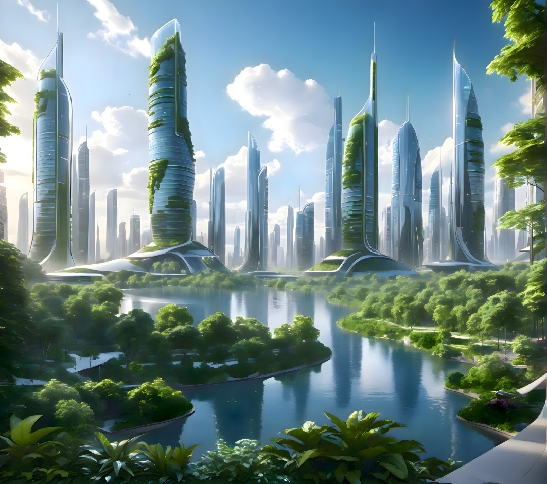 Futuristic cityscape with skyscrapers and greenery