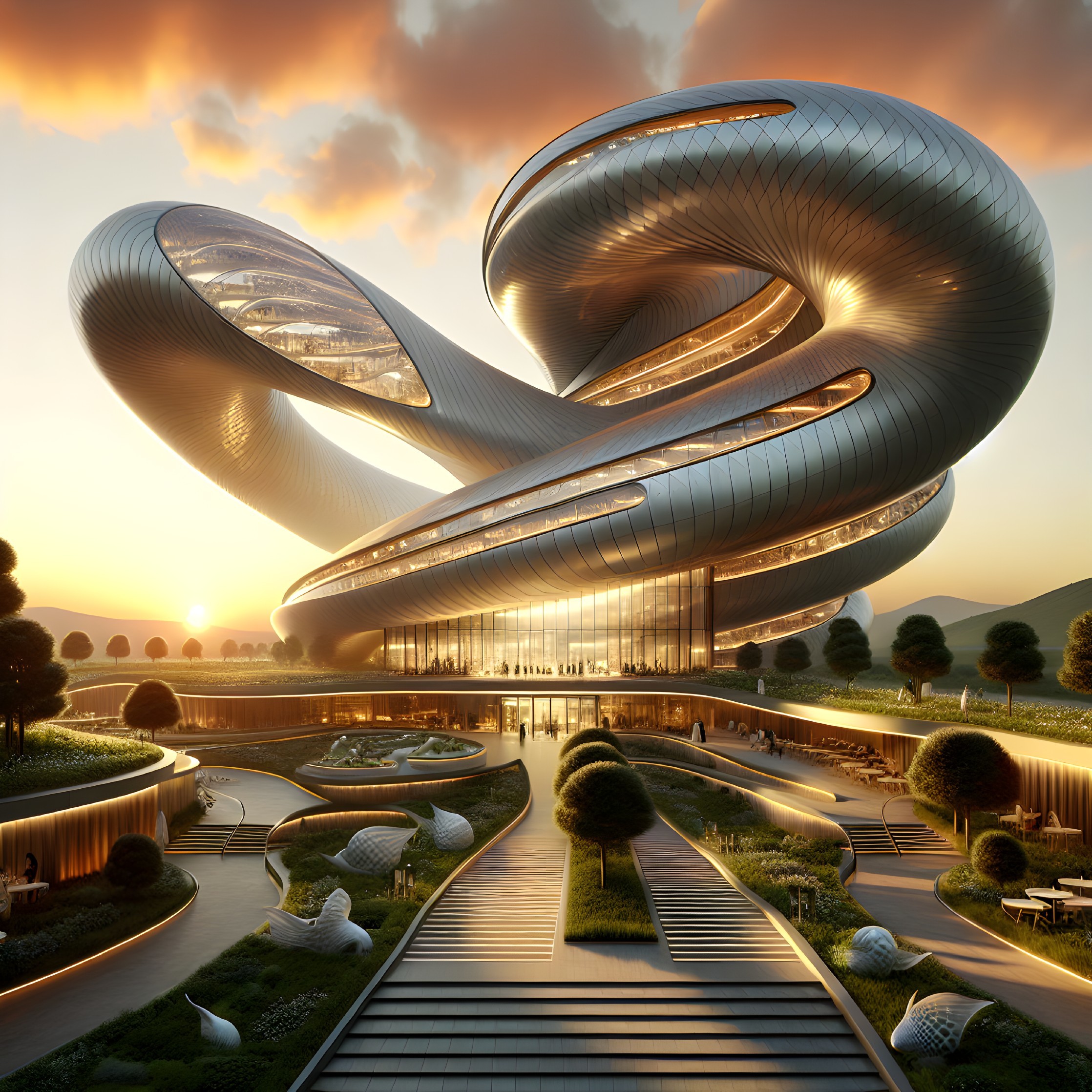 Futuristic Building with Twisting Design and Garden