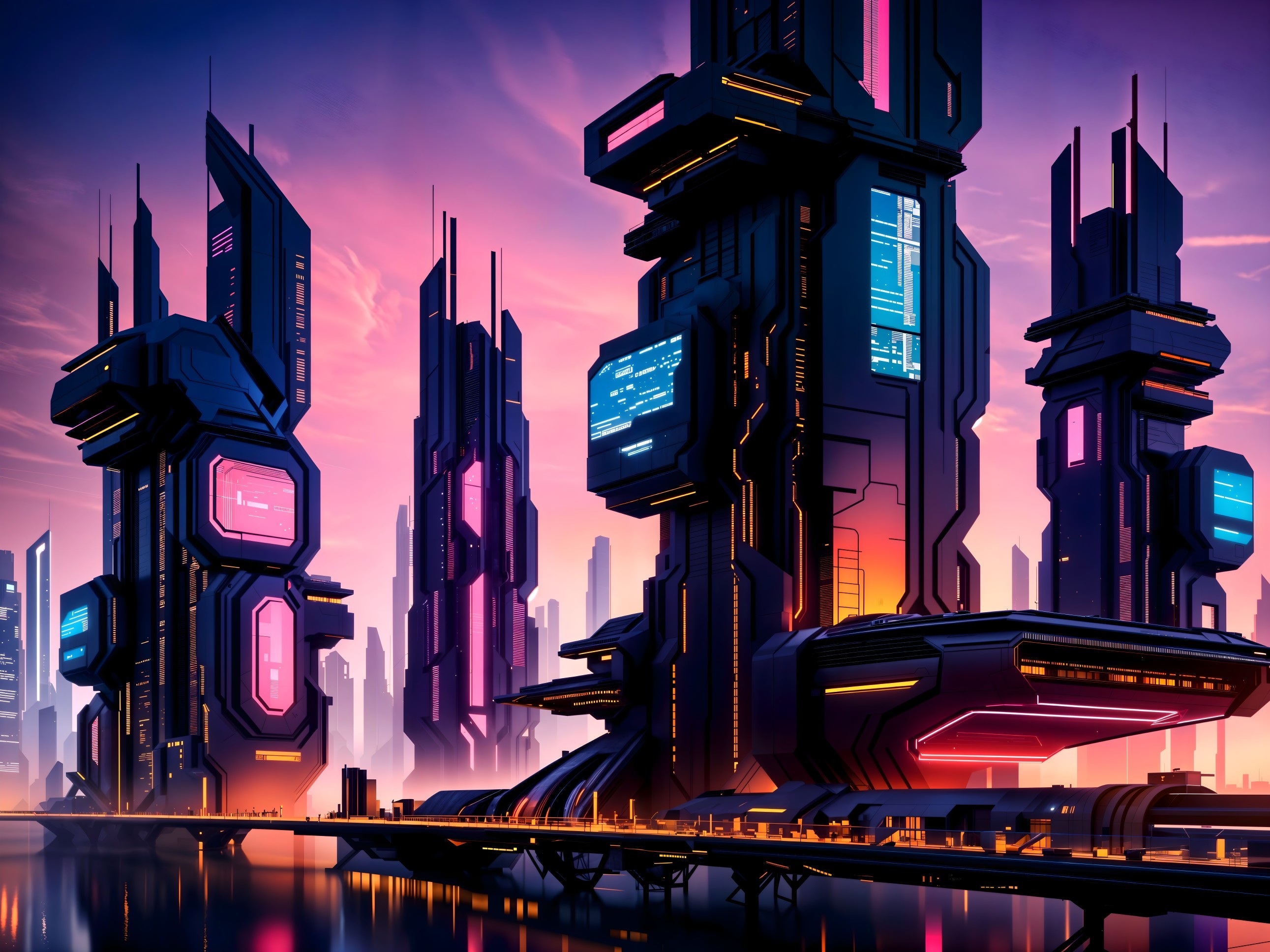 Futuristic cityscape at dusk with neon skyscrapers