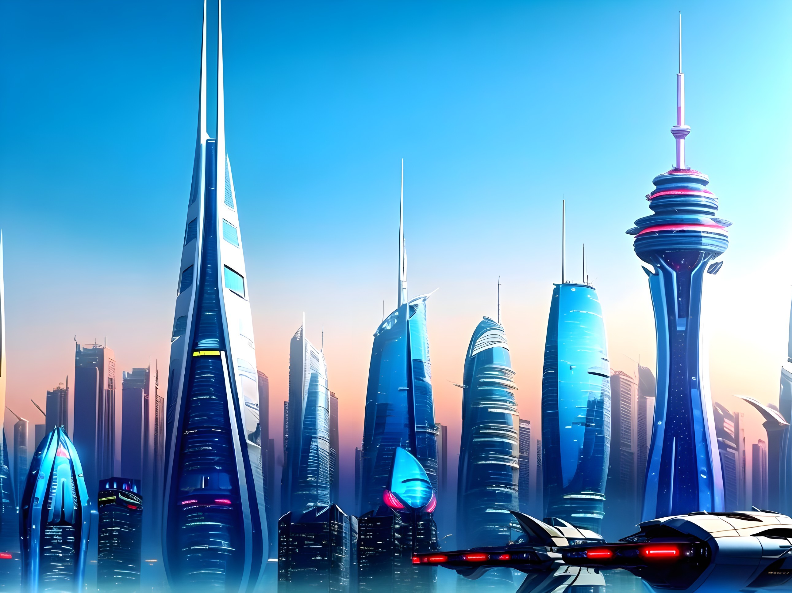 Futuristic Skyline with Skyscrapers and Spacecraft