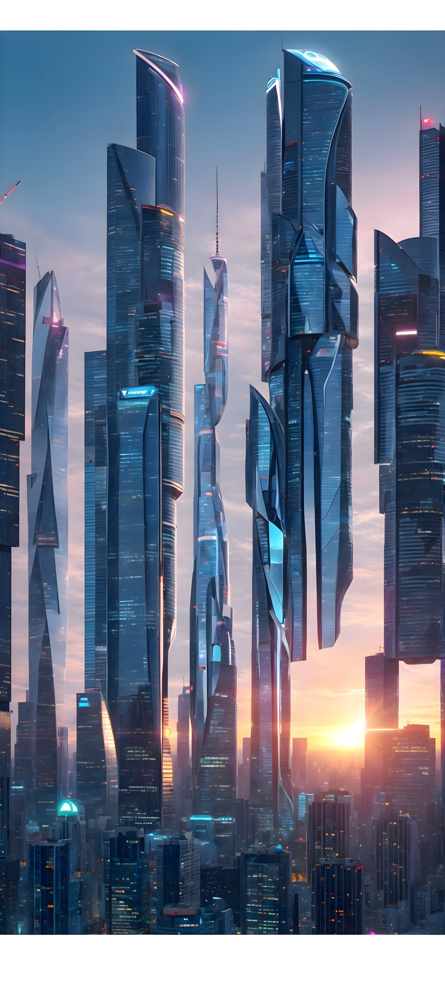 Futuristic cityscape with skyscrapers and vibrant tones