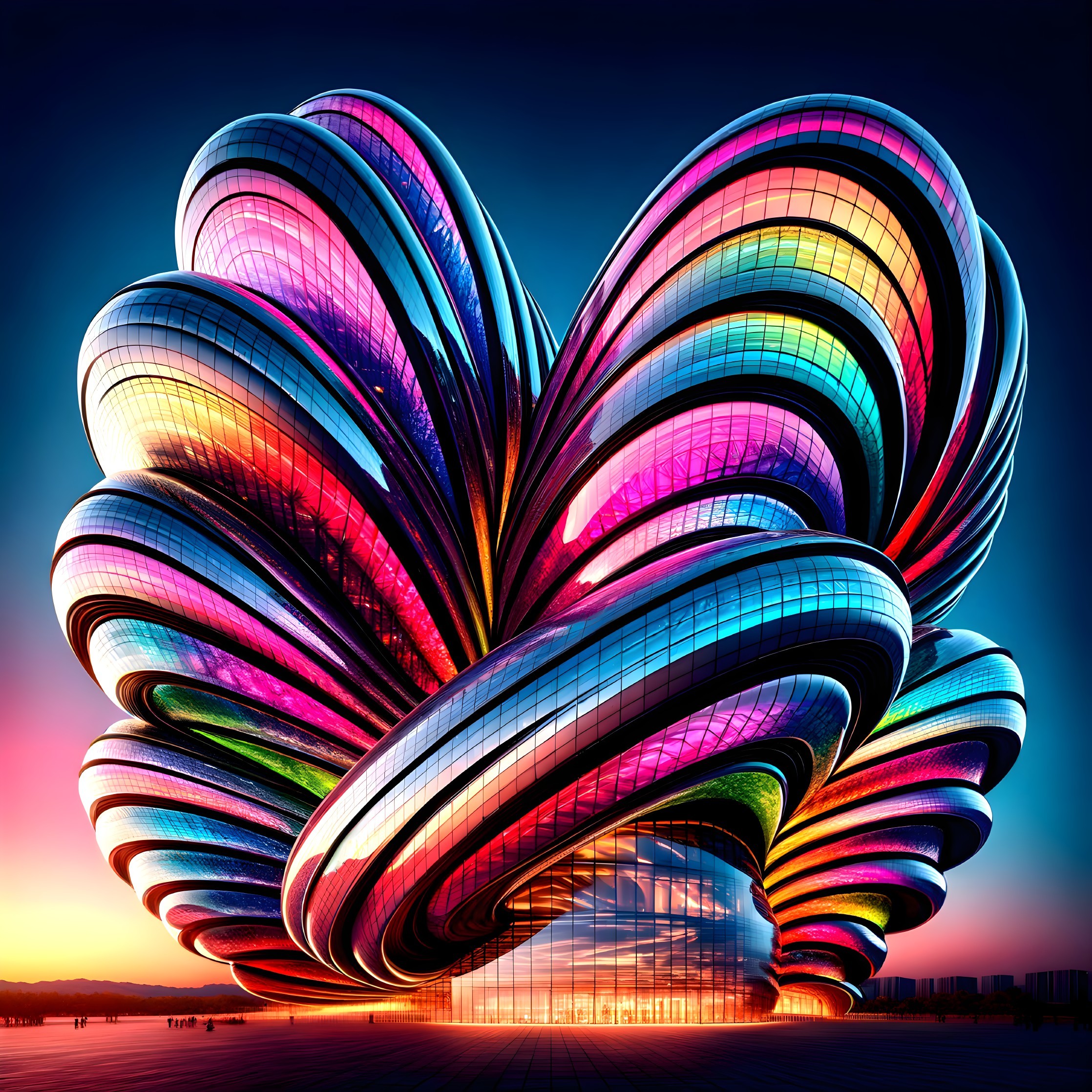 Vibrant Architectural Structure with Swirling Ribbons