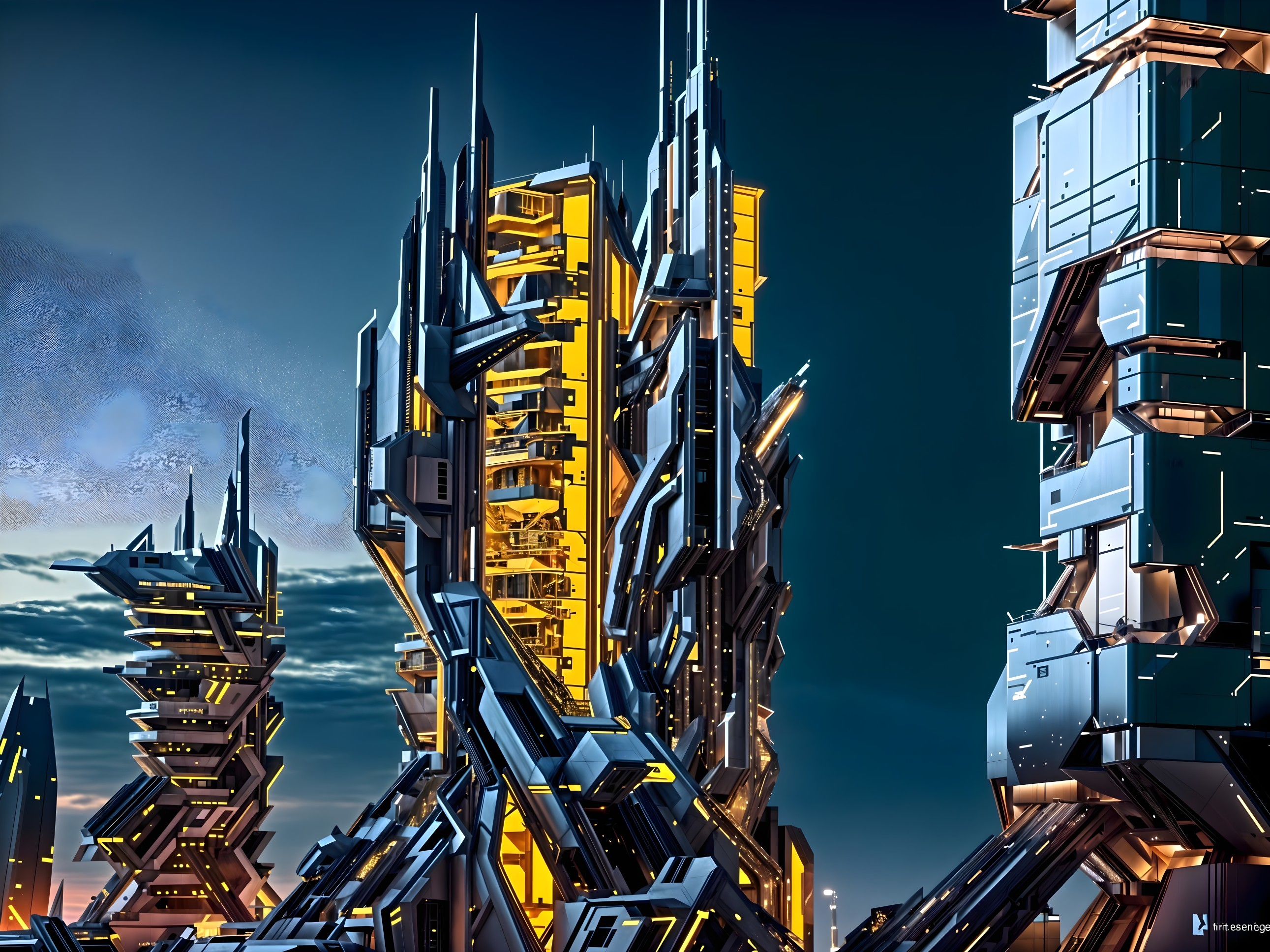 Futuristic cityscape with angular buildings and lights