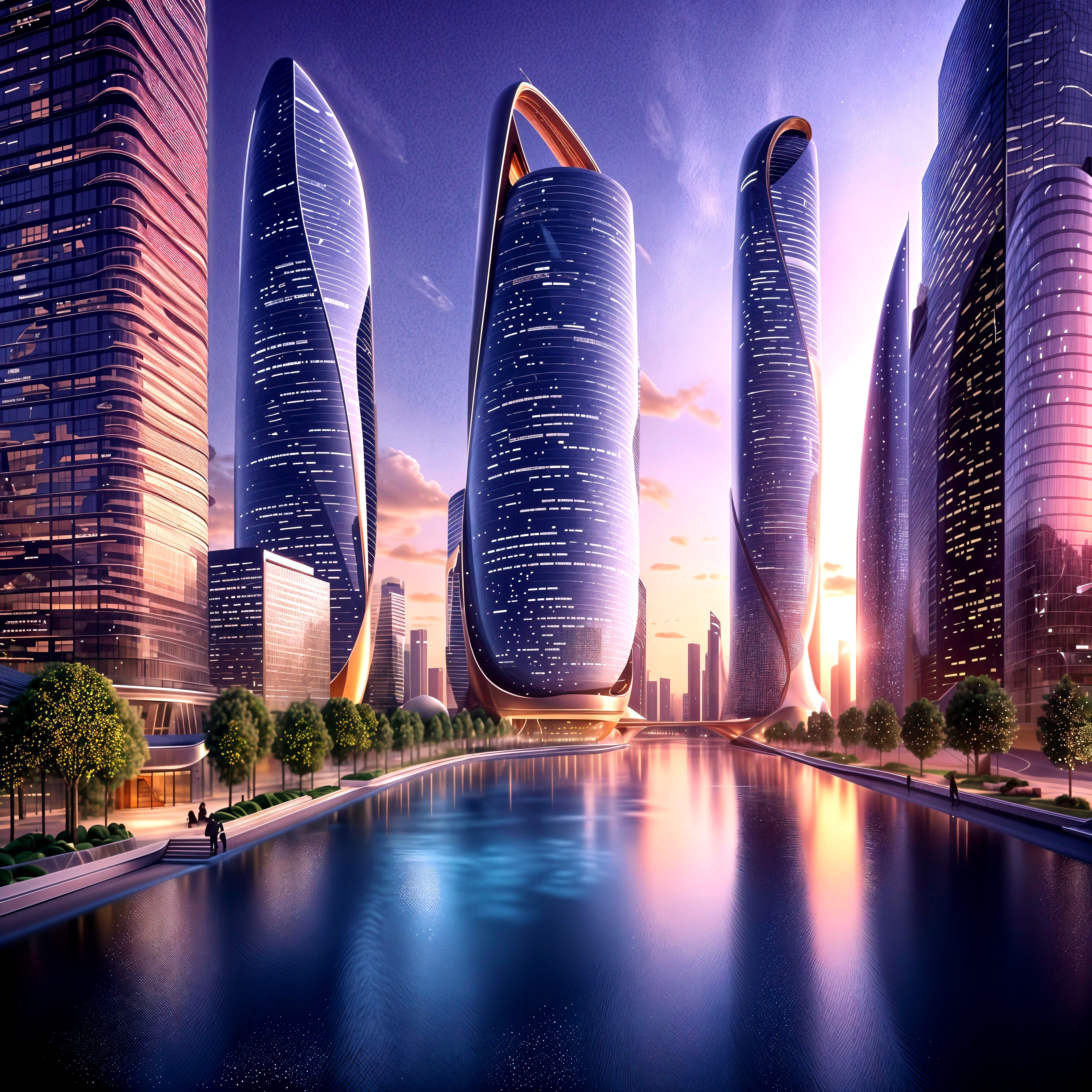 Futuristic cityscape with twisting skyscrapers at sunset