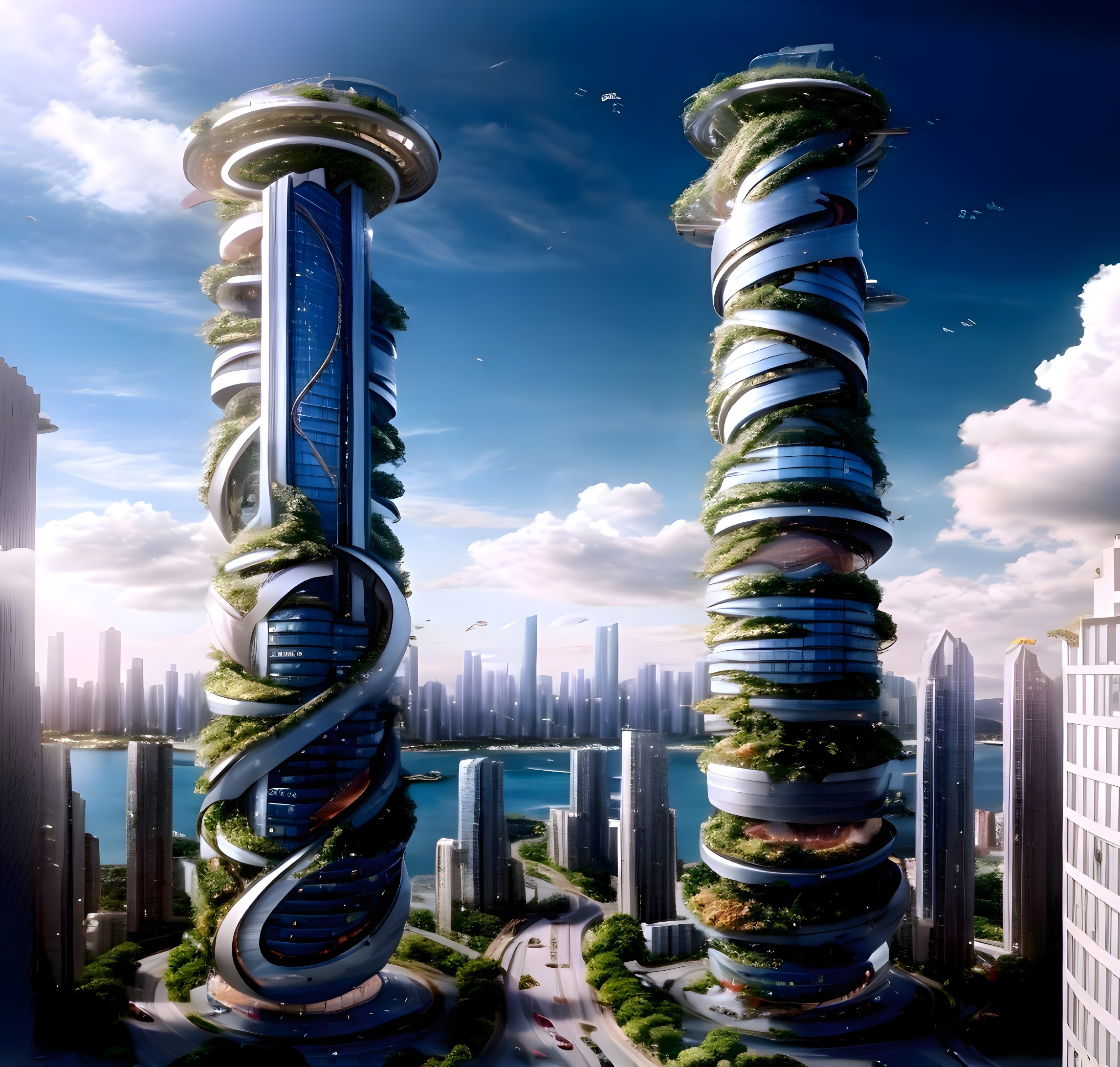 Futuristic Skyscrapers with Greenery and Glass Facades