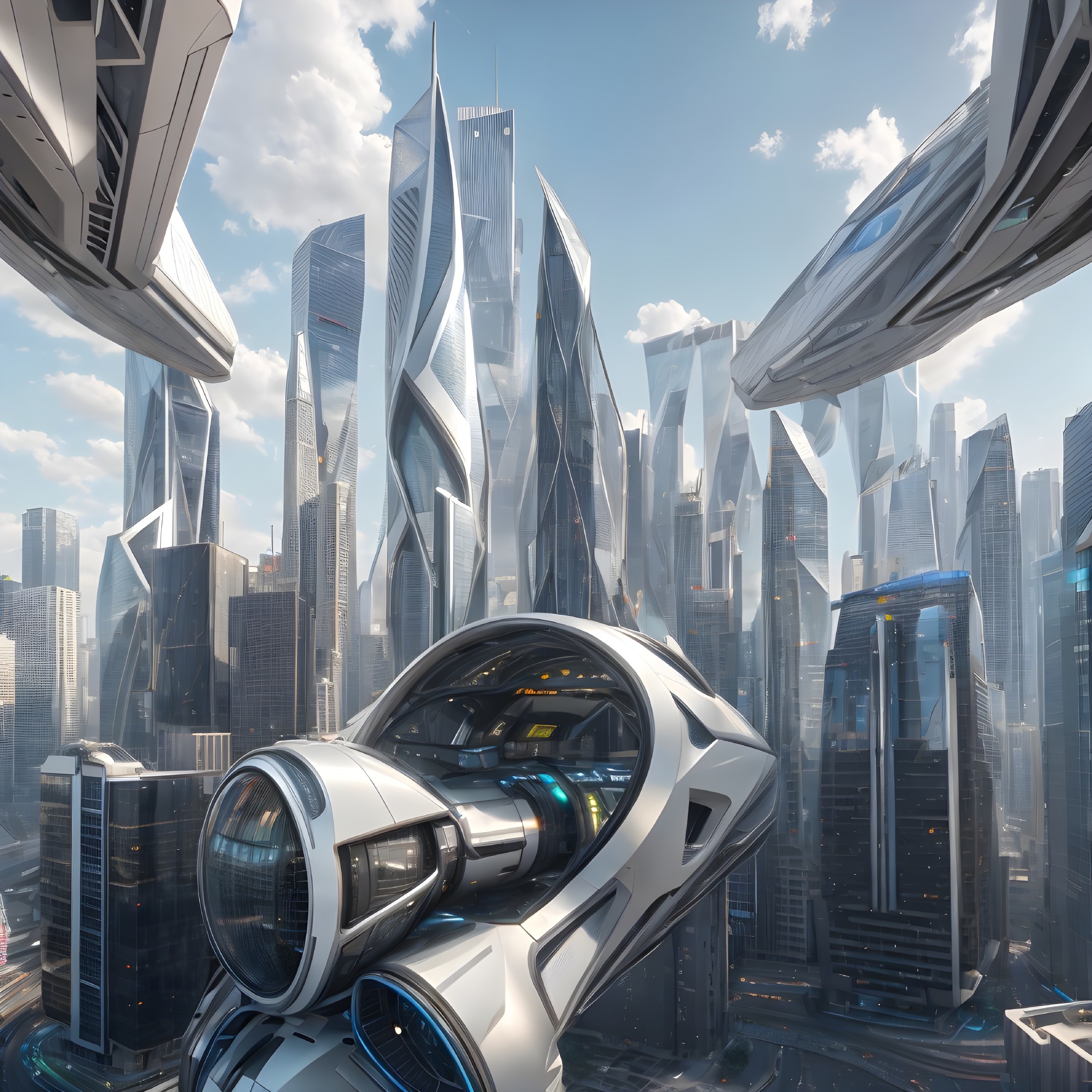 Futuristic cityscape with twisting skyscrapers and spacecraft
