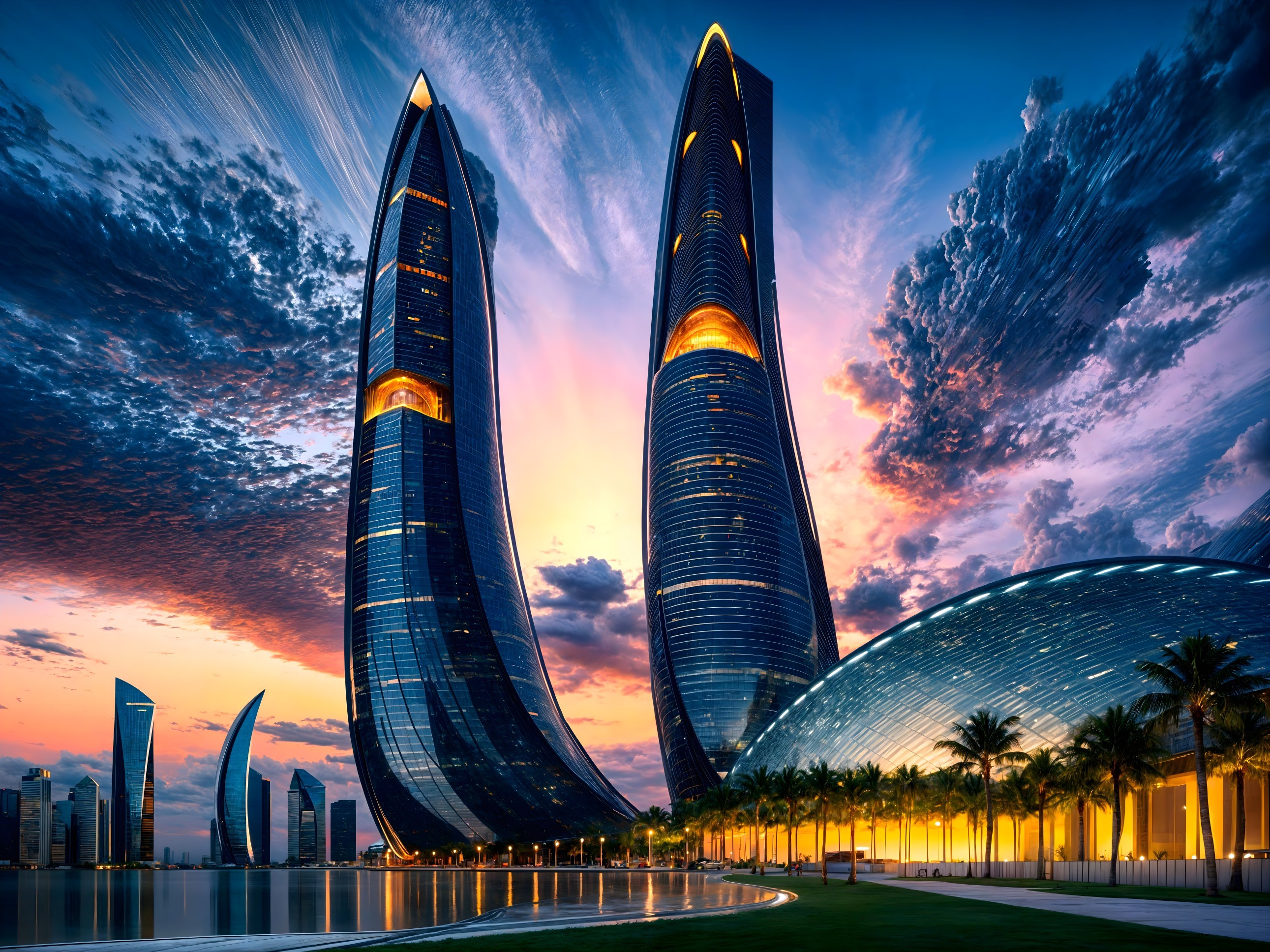 Modern Skyscrapers Against a Dusk Cityscape