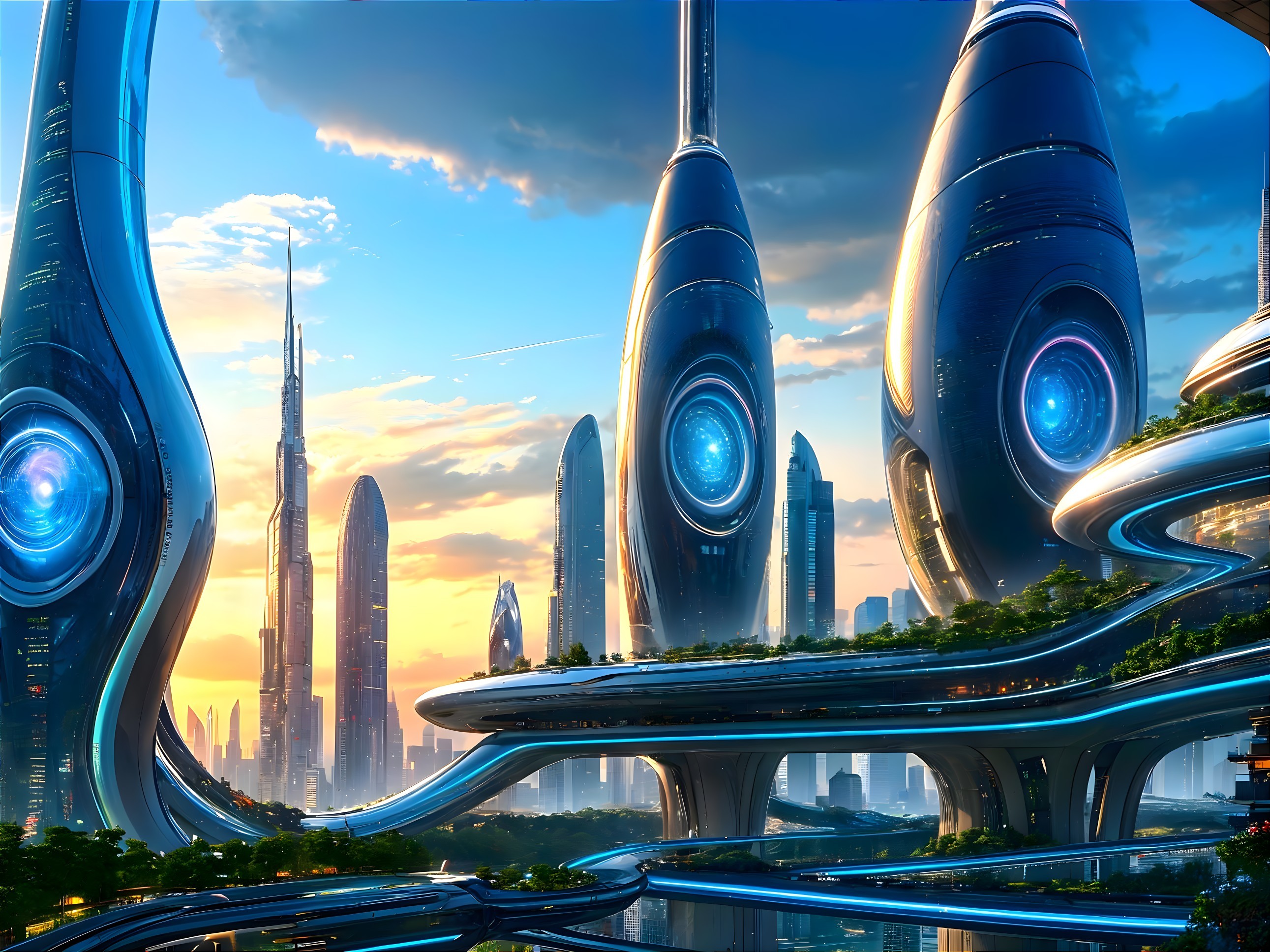 Futuristic cityscape with sleek skyscrapers and greenery