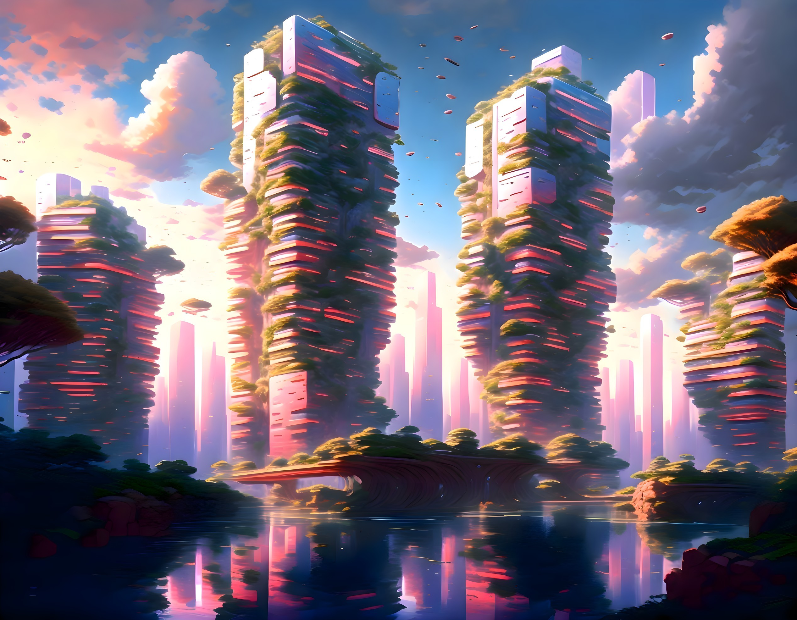 Futuristic skyscrapers with greenery and colorful sky