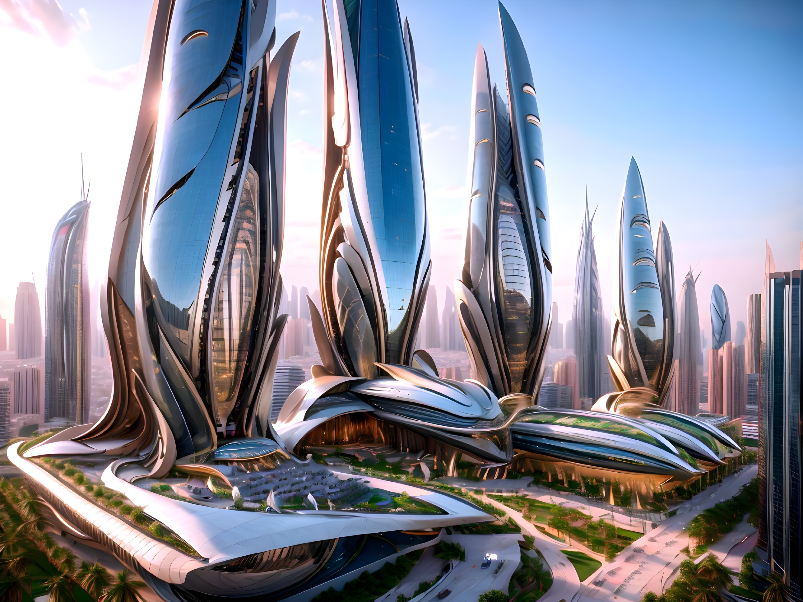 Futuristic cityscape with sleek skyscrapers and greenery