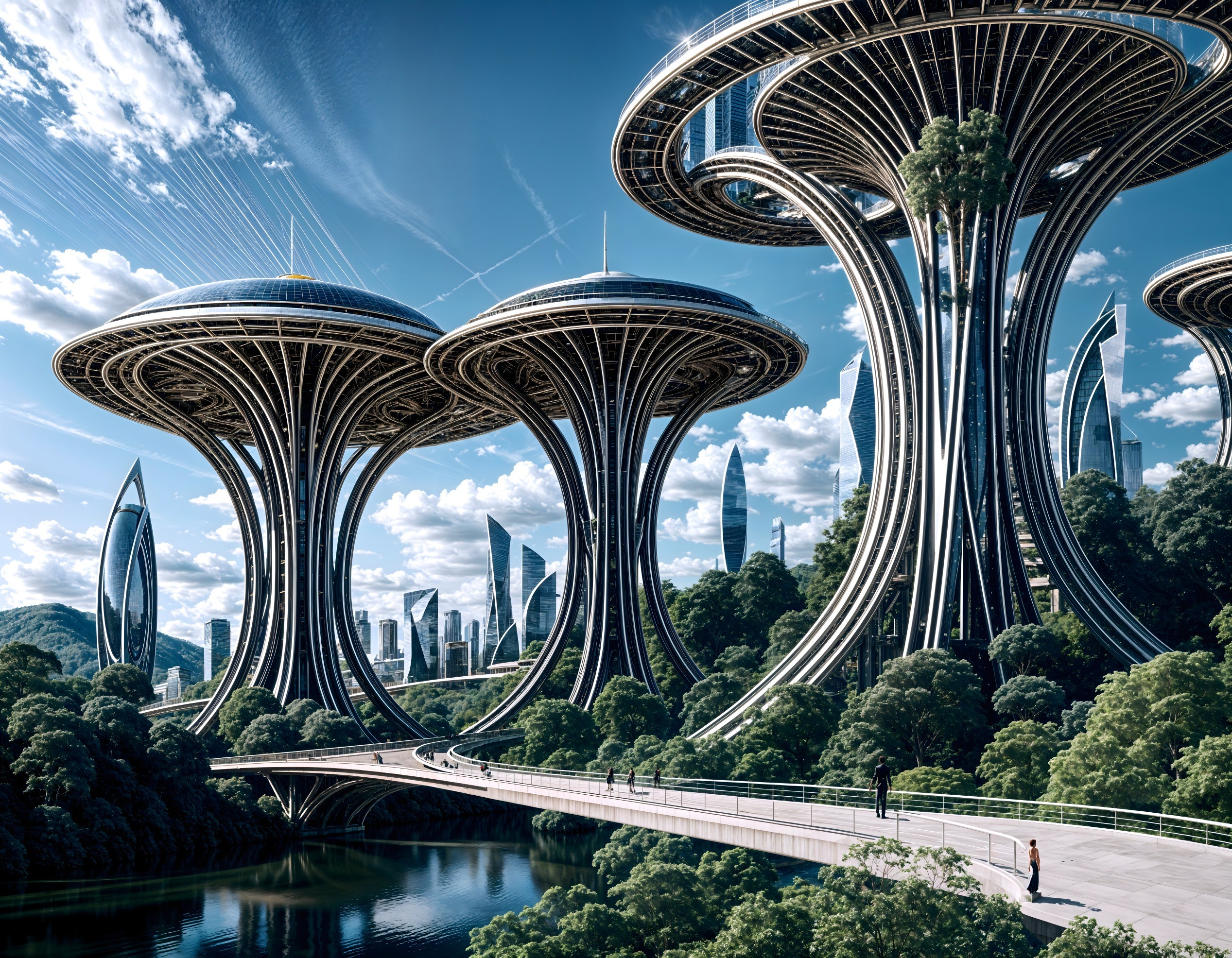 Futuristic cityscape with mushroom-shaped buildings