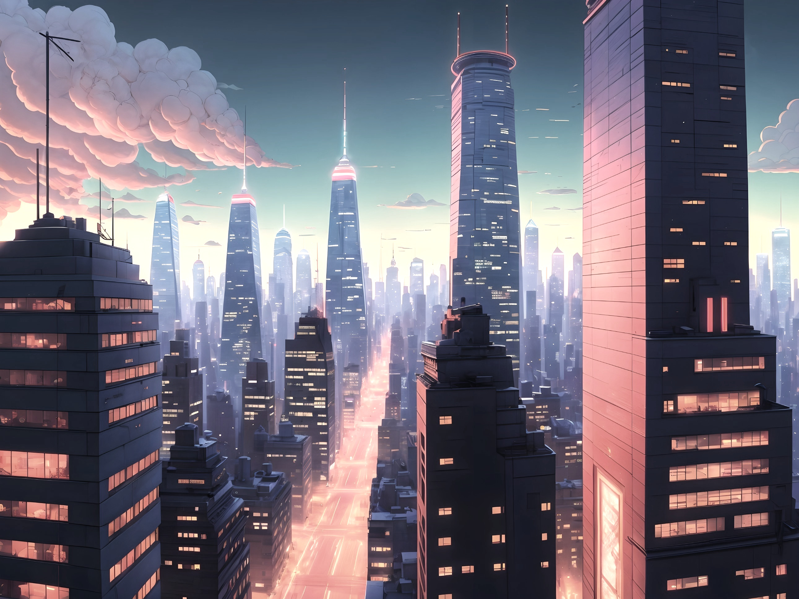 Futuristic City Skyline at Dusk with Skyscrapers