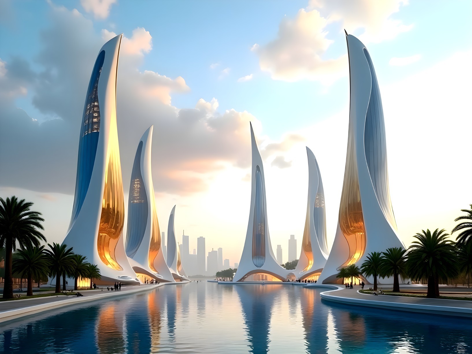 Futuristic Landscape with Sail-Shaped Buildings and Waterway