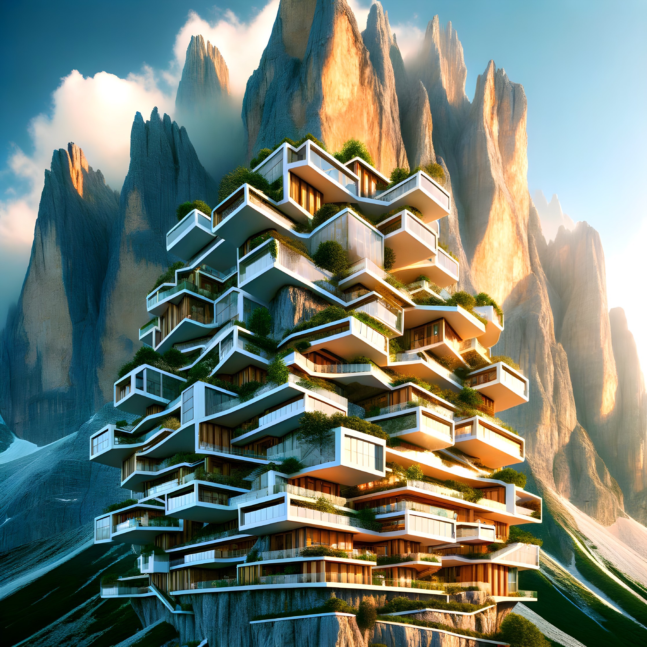 Architectural Marvel on Rugged Mountainside with Balconies