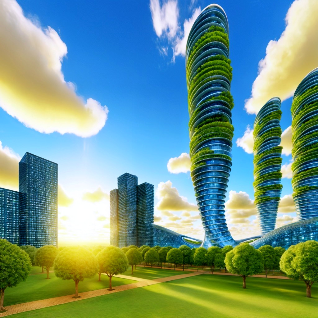 Futuristic cityscape with spiraled skyscrapers and park