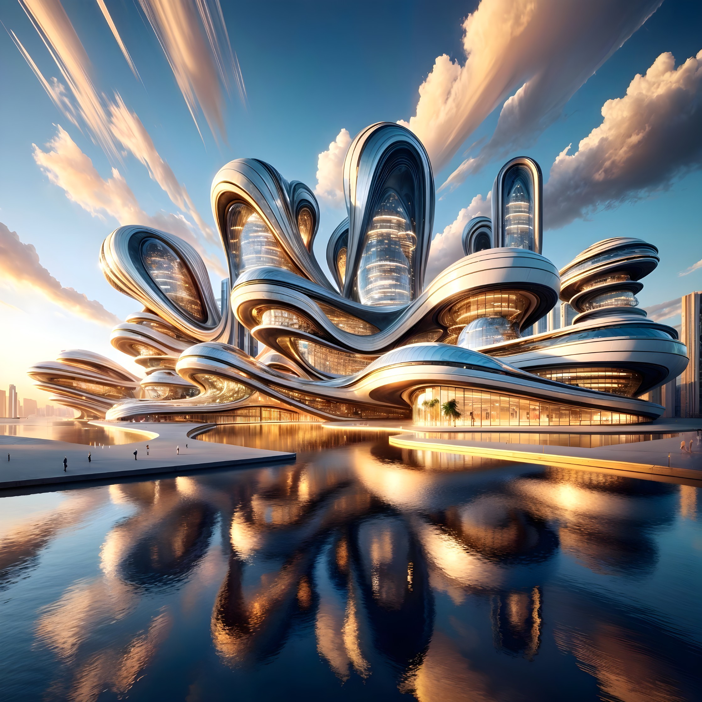 Futuristic architecture with organic shapes by water