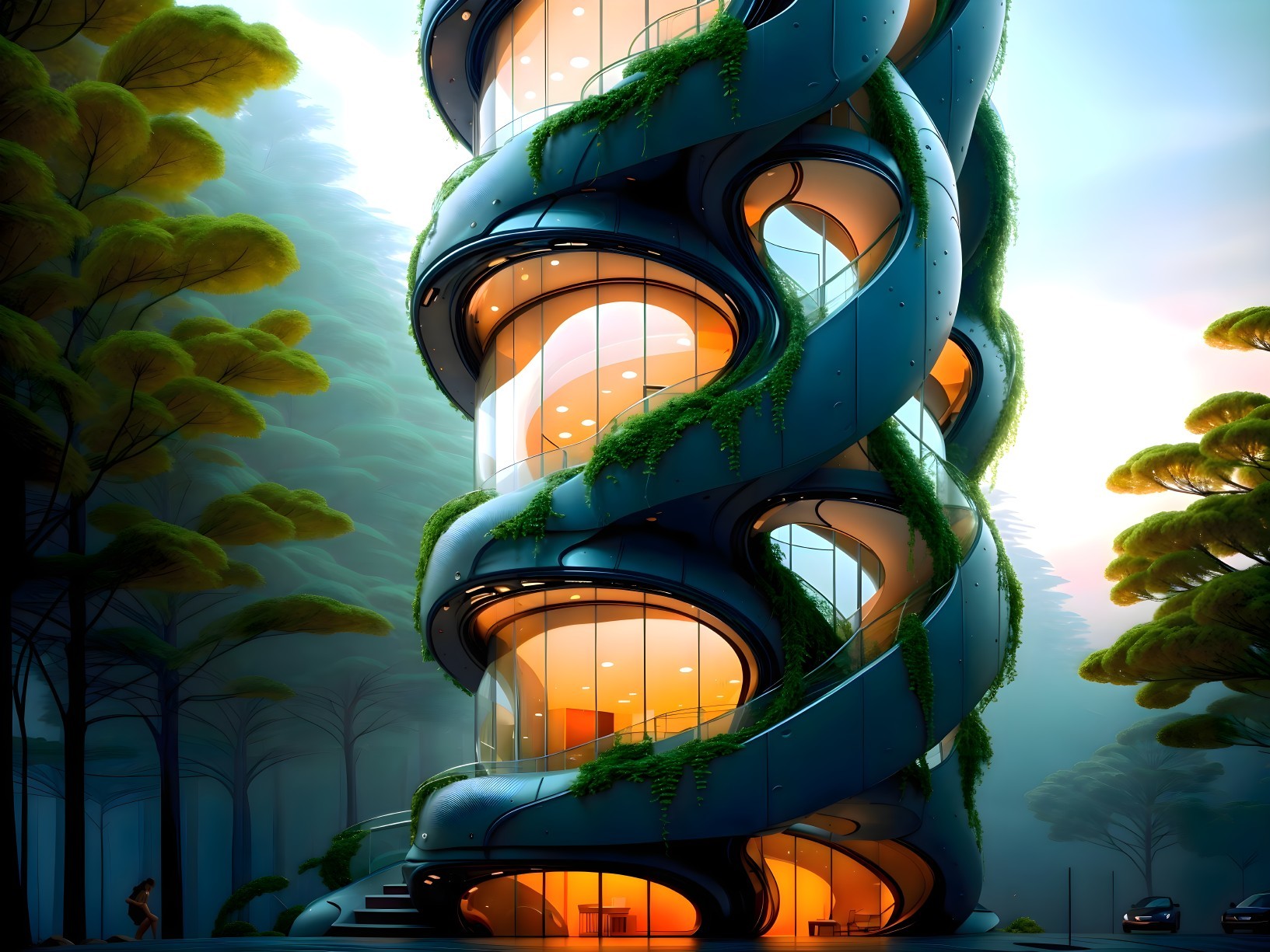 Futuristic Spiraling Building Surrounded by Greenery