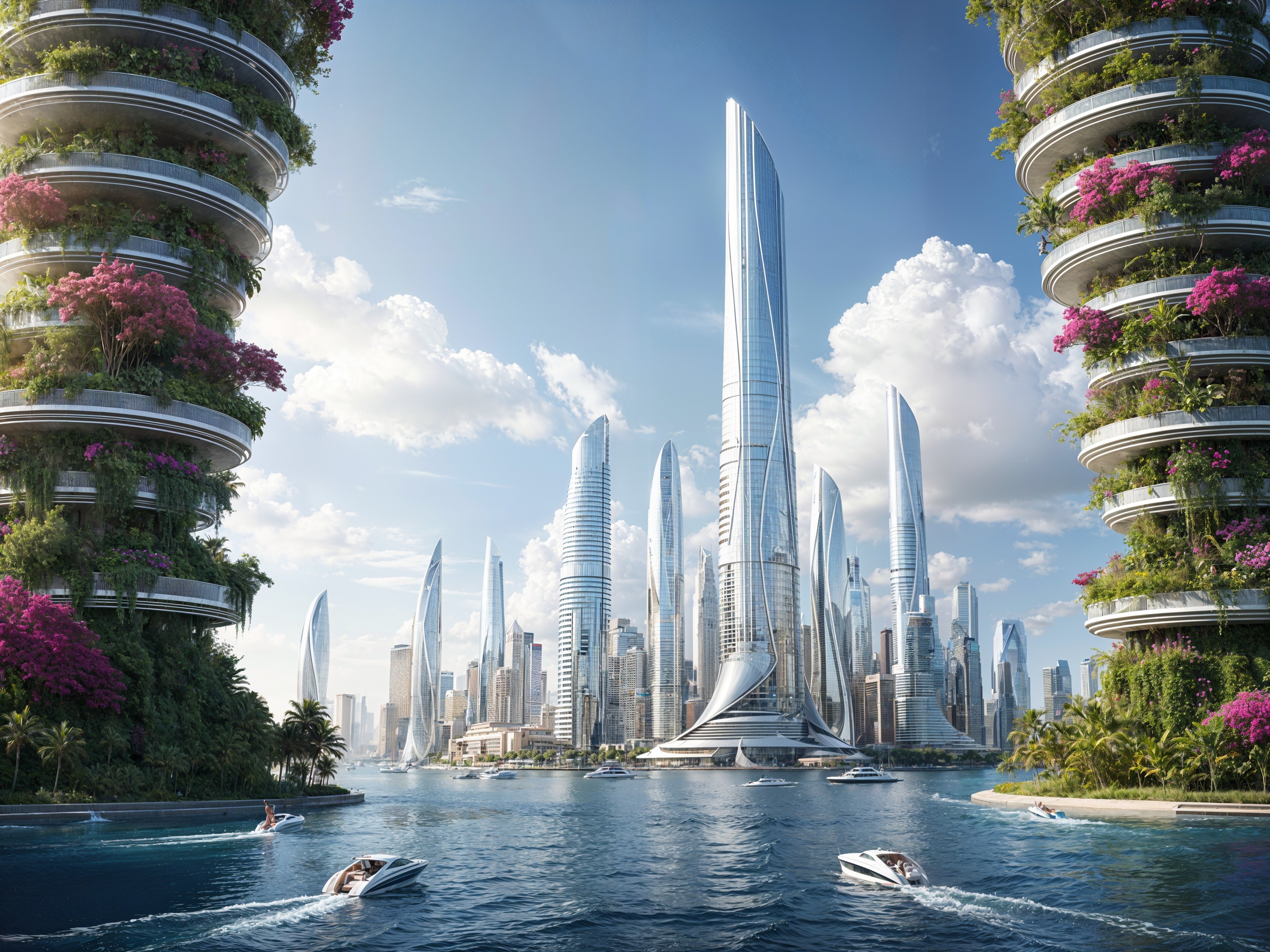 Futuristic cityscape with spiraling buildings and water