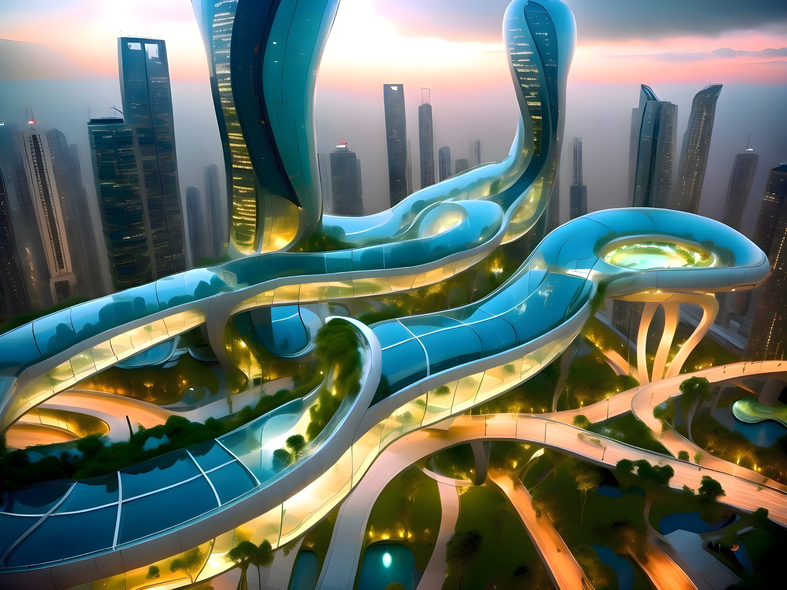 Futuristic cityscape with fluid architecture and greenery