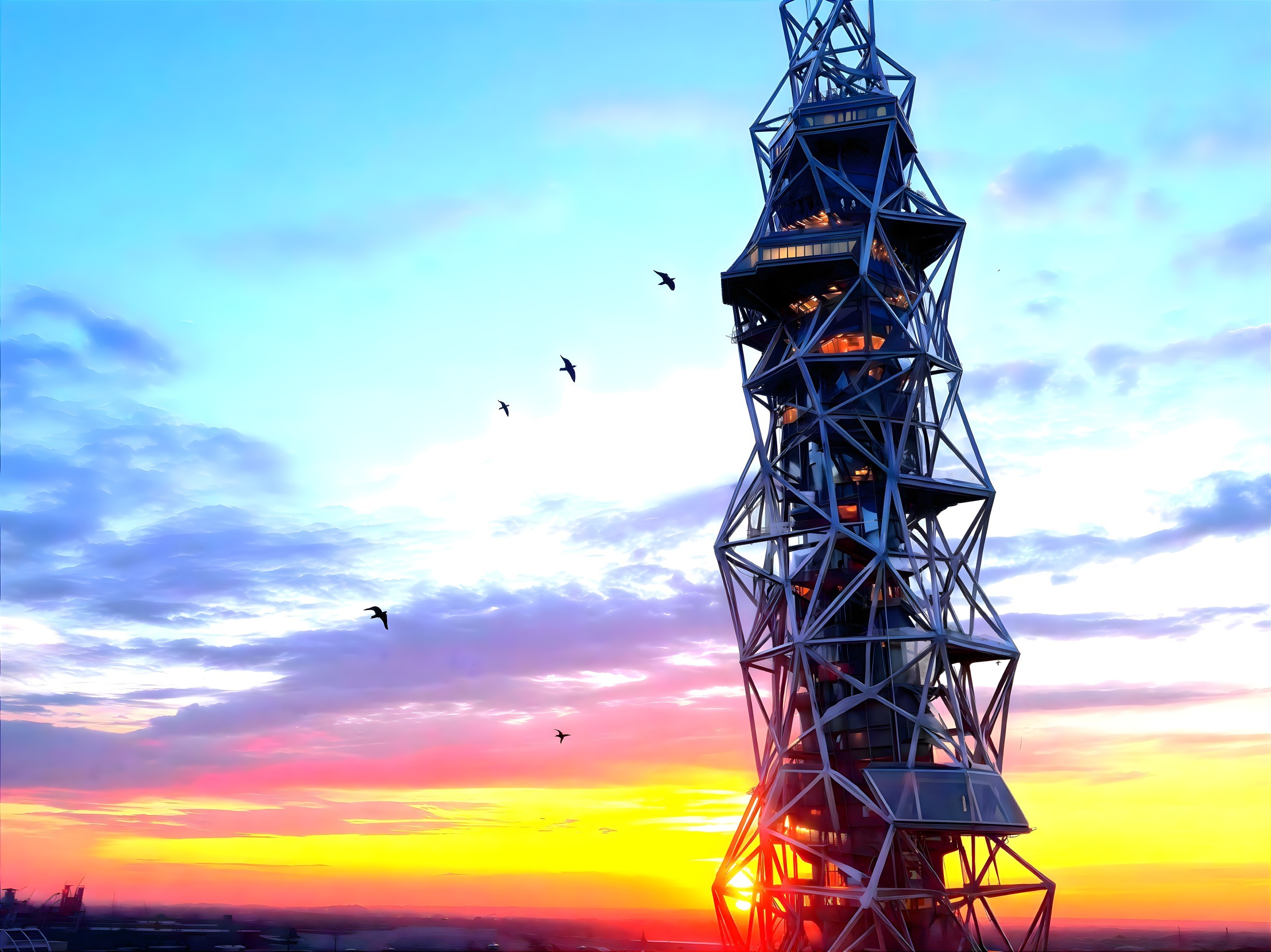 Futuristic Metal Tower Against Vibrant Sunset Sky