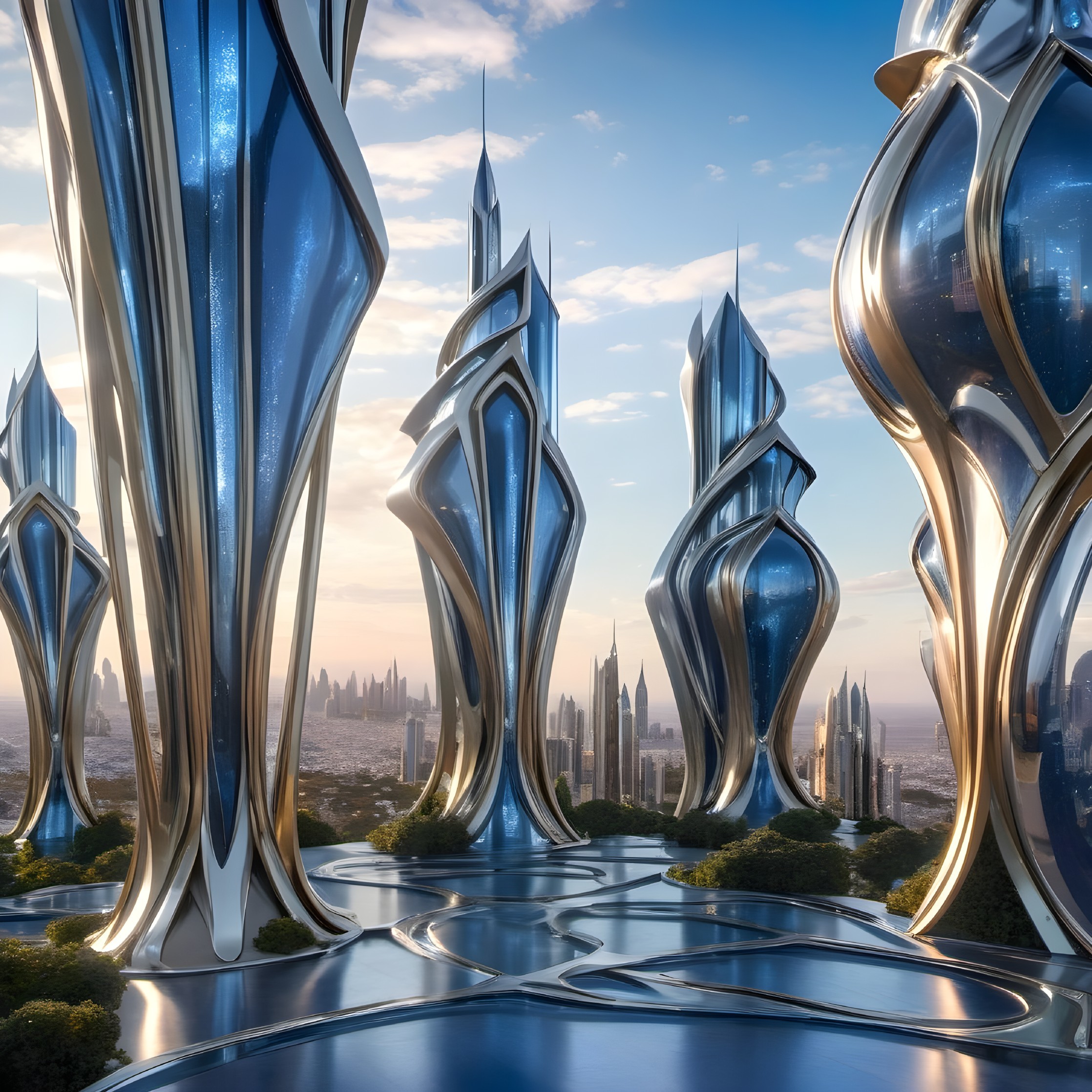 Futuristic cityscape with sleek blue and gold buildings