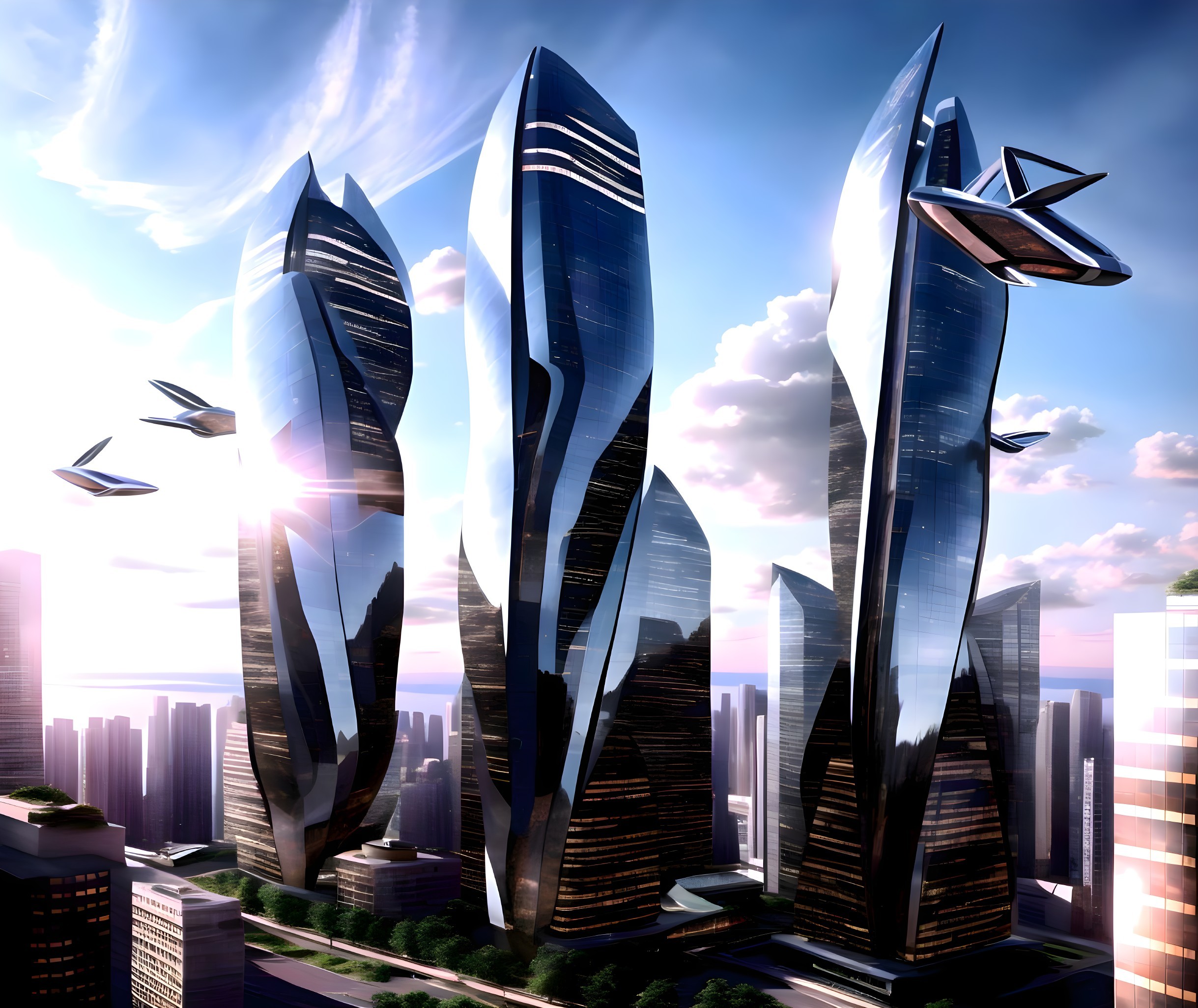 Futuristic Skyline with Skyscrapers and Drones