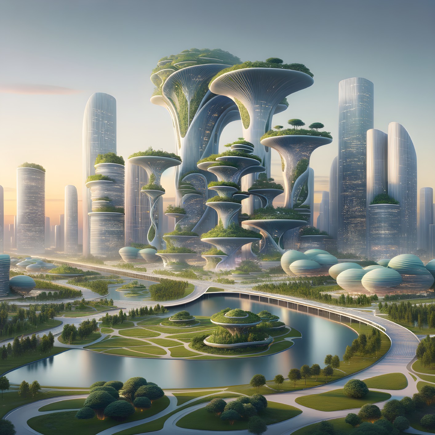 Futuristic cityscape with skyscrapers and greenery