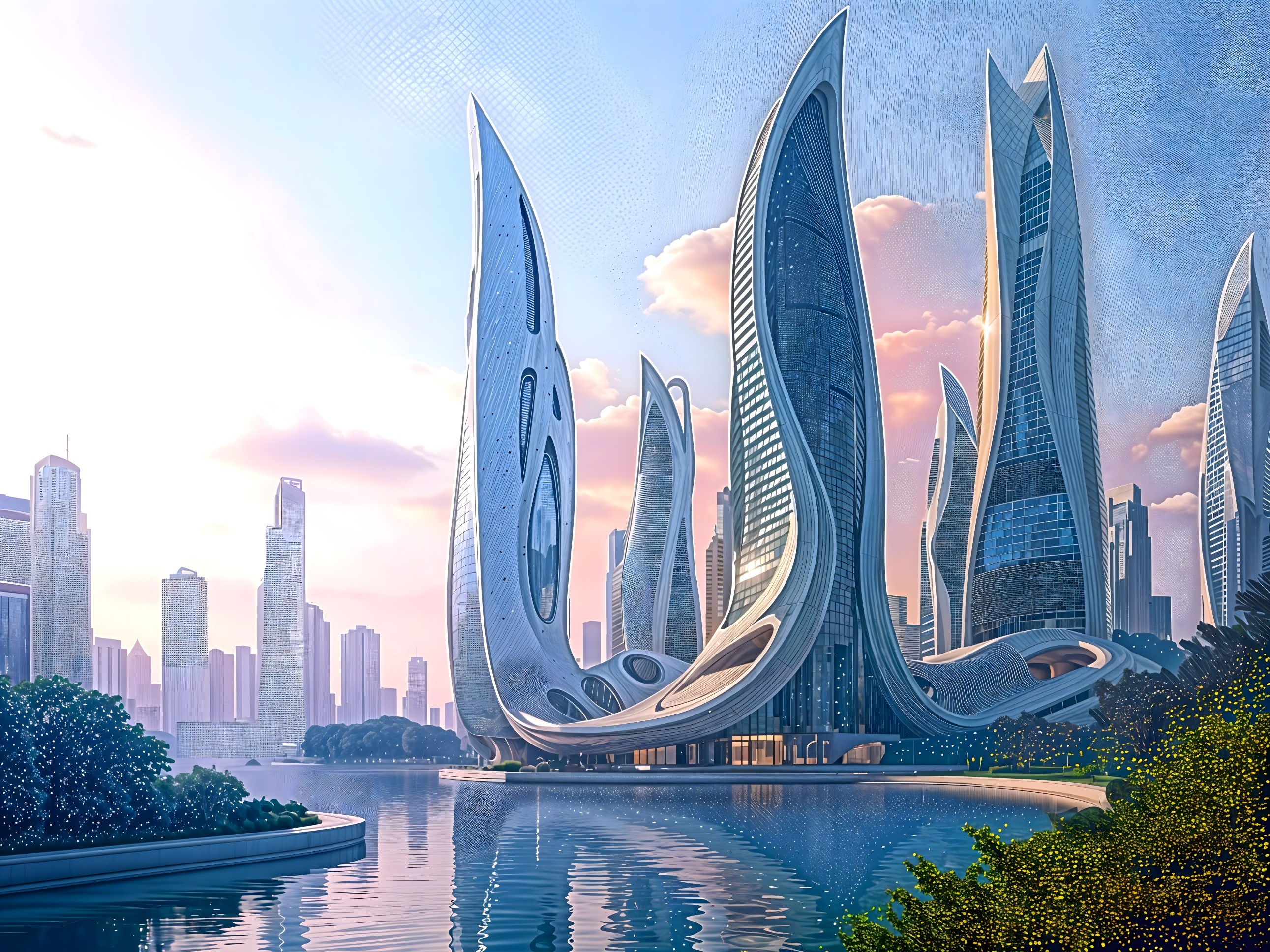 Futuristic cityscape with curved skyscrapers at sunset
