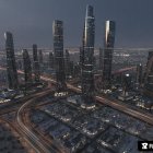 Futuristic Cityscape with Gothic and High-Tech Elements