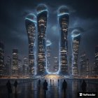 Futuristic cityscape with spiral structures and greenery