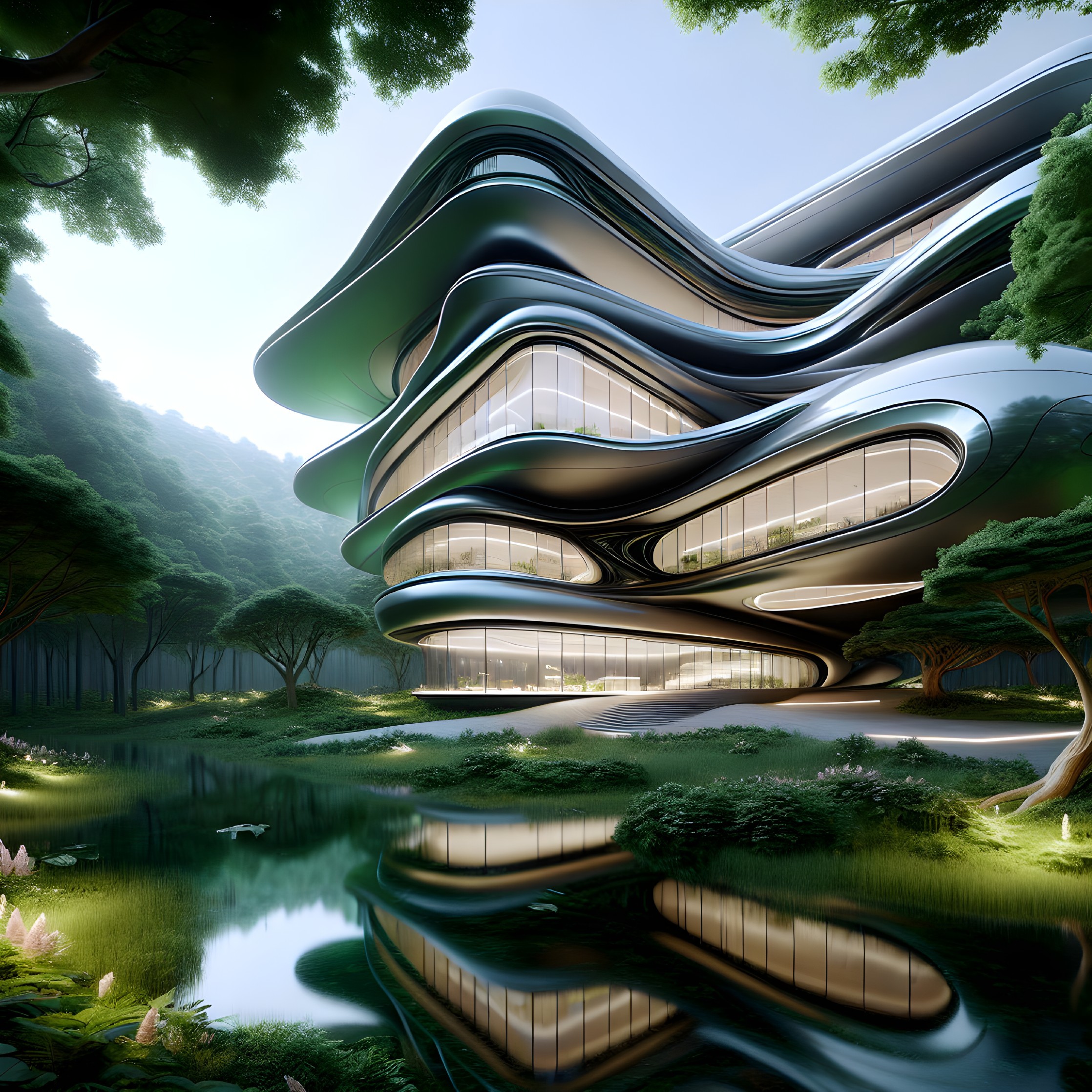 Futuristic Building with Organic Shapes in Nature