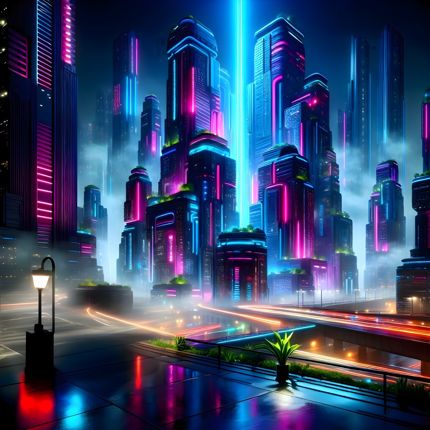 Futuristic city skyline with neon lights and skyscrapers