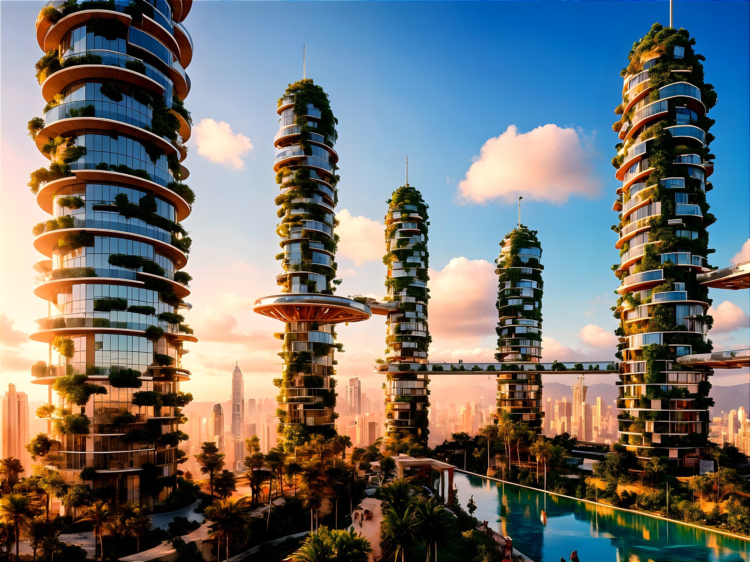 Futuristic cityscape with greenery and sunset reflections