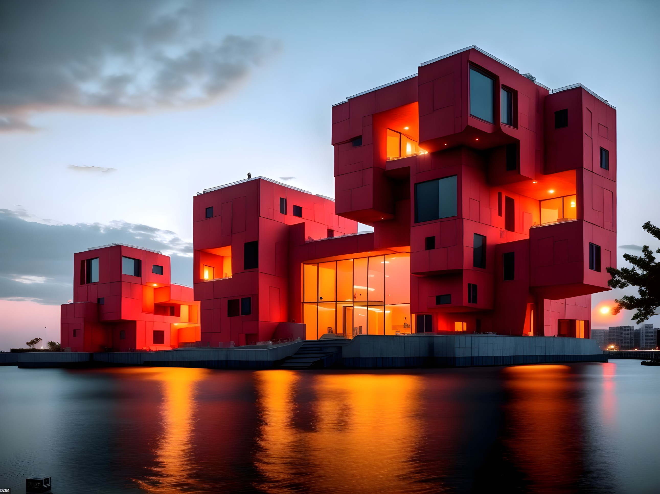 Modern Architecture with Bold Red Structures and Water
