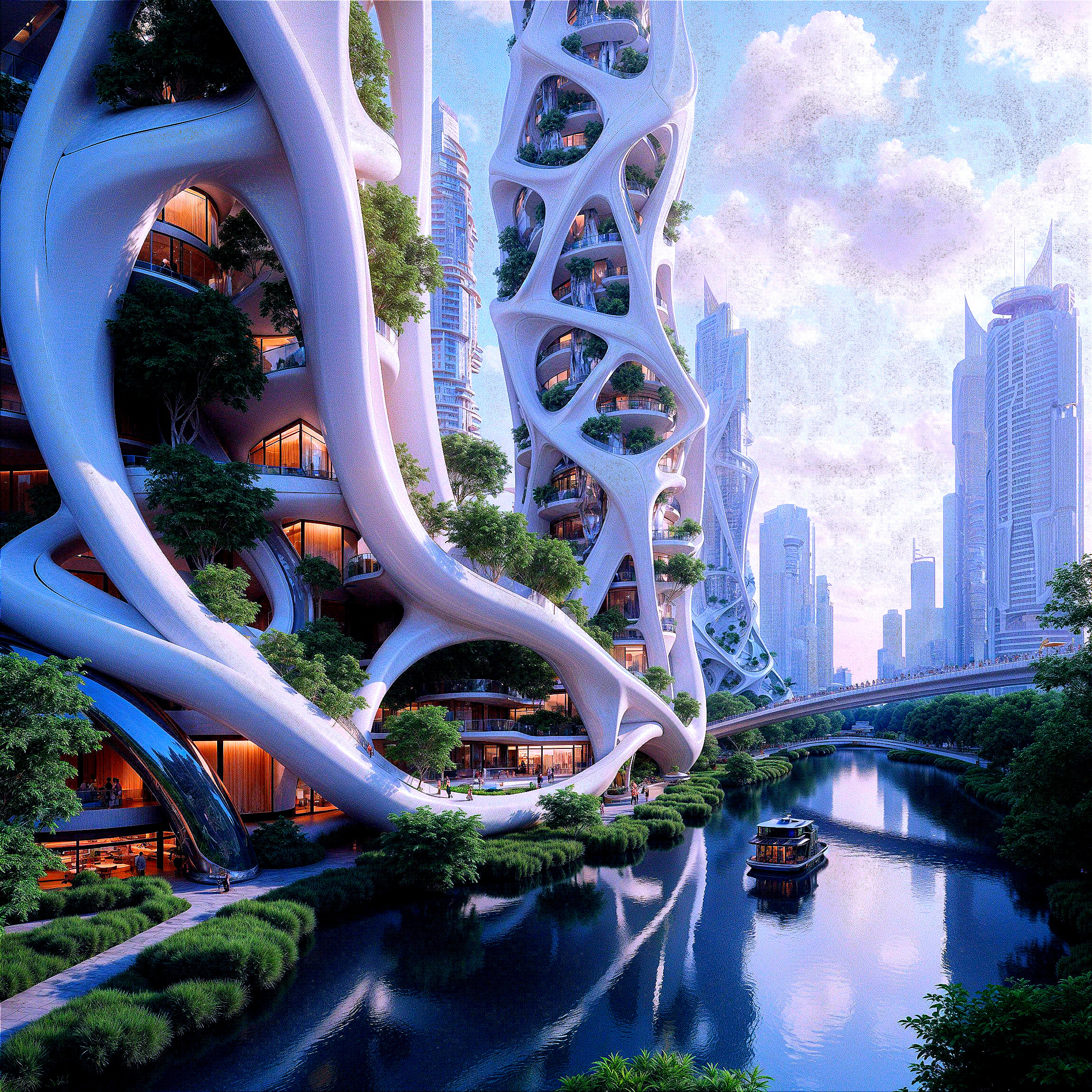 Futuristic Cityscape with Organic Architecture and Nature