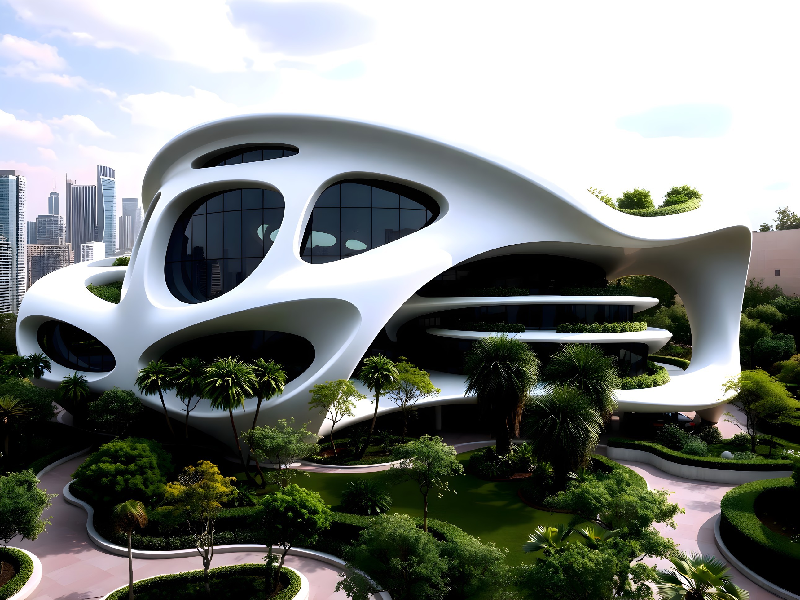 Futuristic Organic-Shaped Building in Greenery