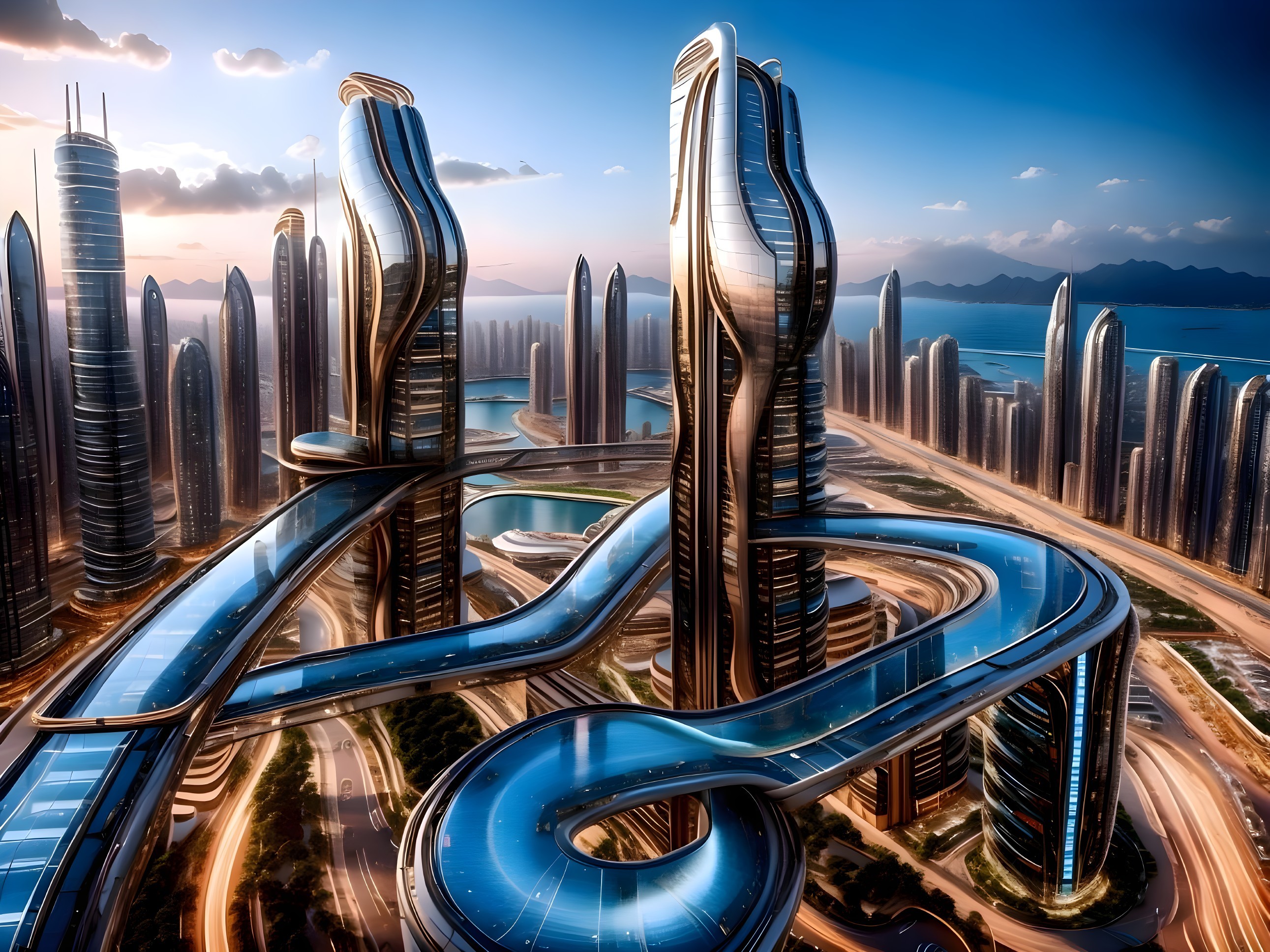 Futuristic cityscape with sleek skyscrapers and highways