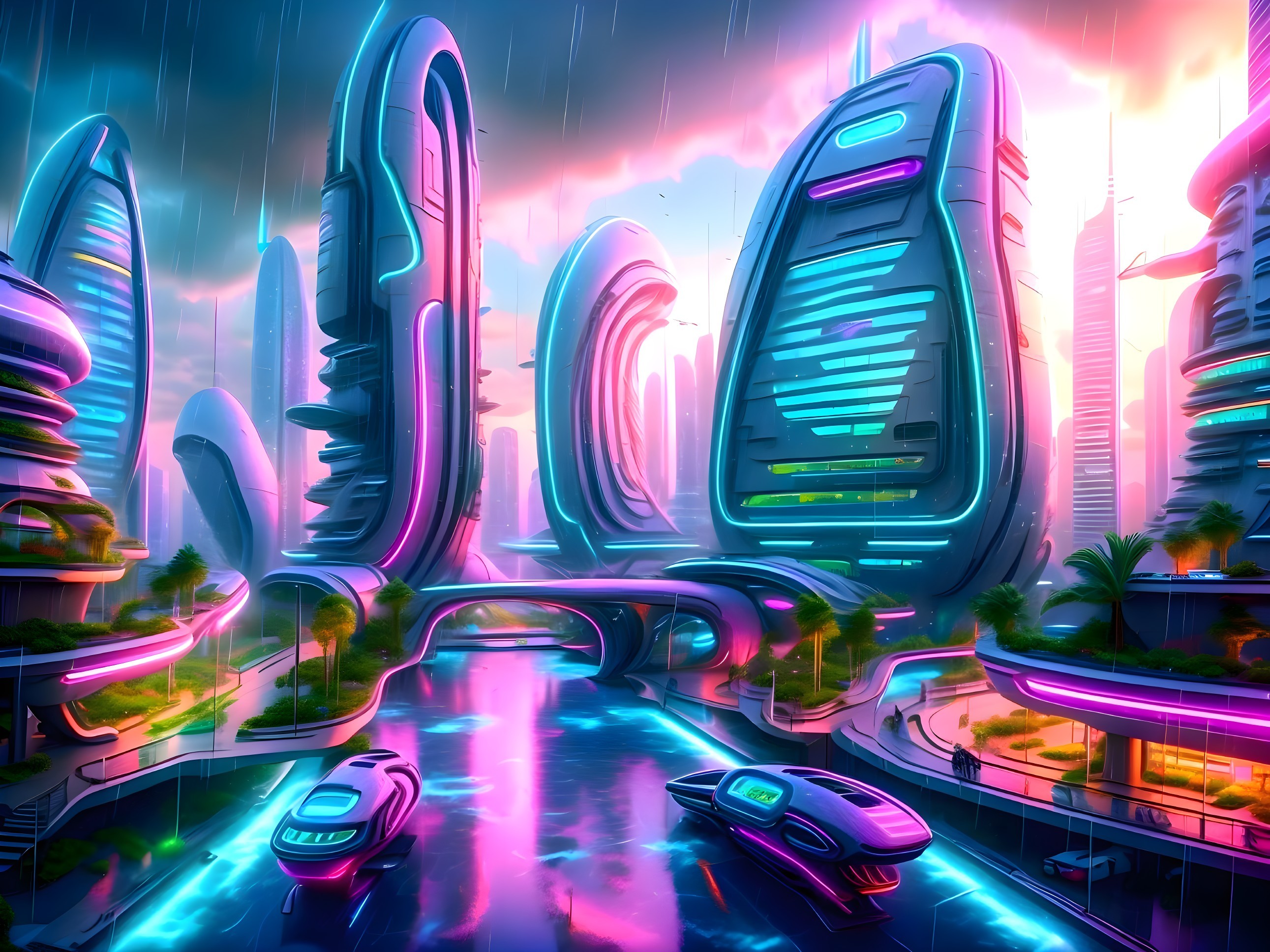Futuristic cityscape with neon skyscrapers and waterway