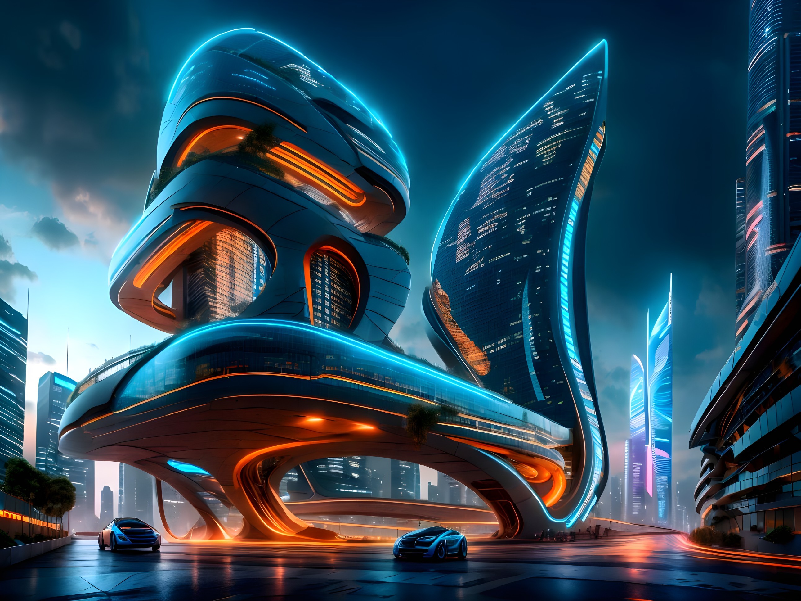 Futuristic cityscape with curvilinear architecture